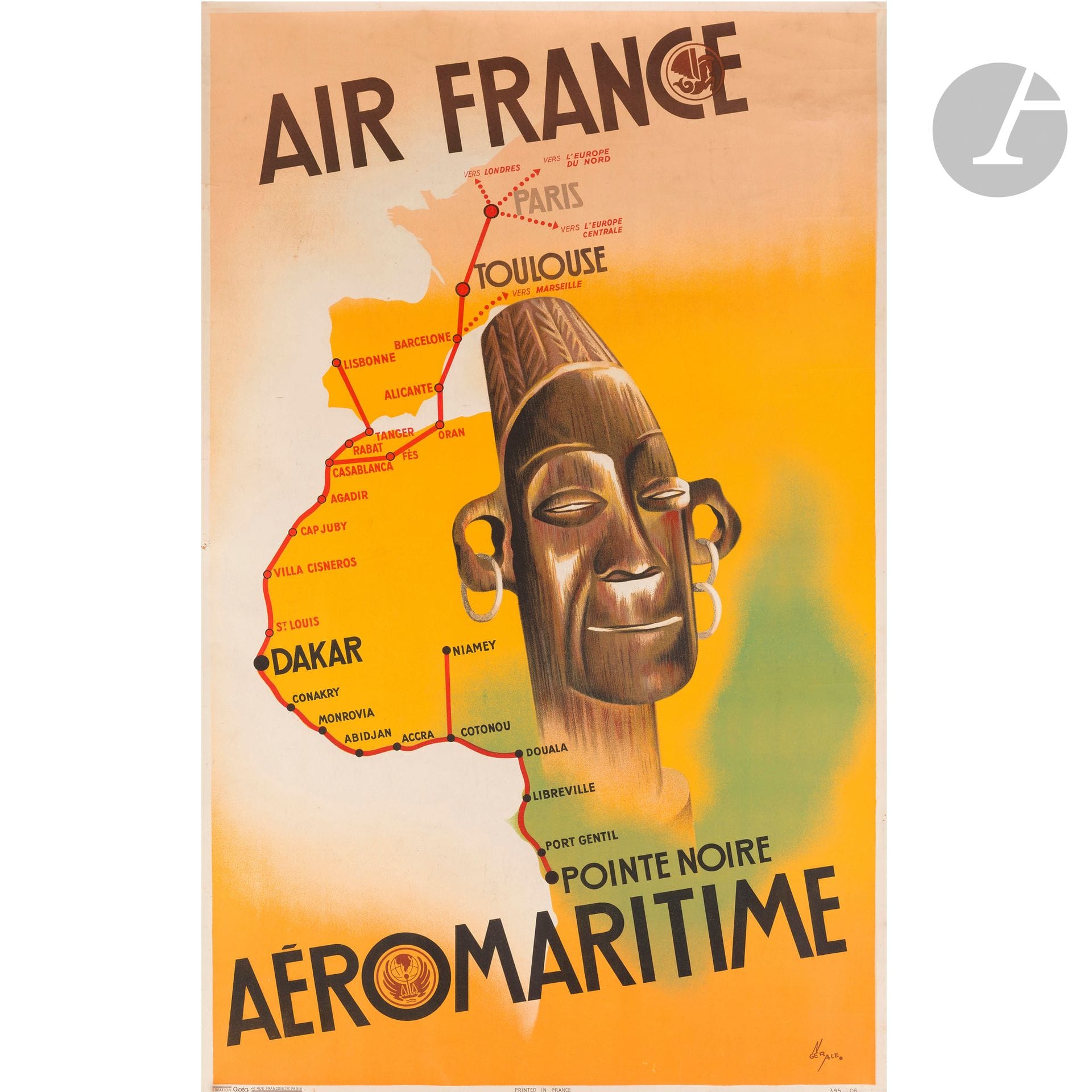 ALEXANDRE GERARD DIT GERAL (1914 -1974)
Air France Aéromaritime
Chromolithographie. Non entoilée. Imp. Océa, Paris. Signée en bas à gauche. 98x61cm
(Bon état. Déchirures et trous de punaises sur les bords).
On joint le petit format. 


Bibliographie: 
- Quand l’affiche faisait de la réclame! L’affiche française de 1920 à 1942 - Musée national des Arts et traditions populaires, RMN, 1991. Notre affiche reproduite page 119 sous le numéro 89.
- Jérôme Peignot - Affiches - Posters Air France - 1933-1983, Hazan, Paris, 1988. Notre affiche reproduite page 28.