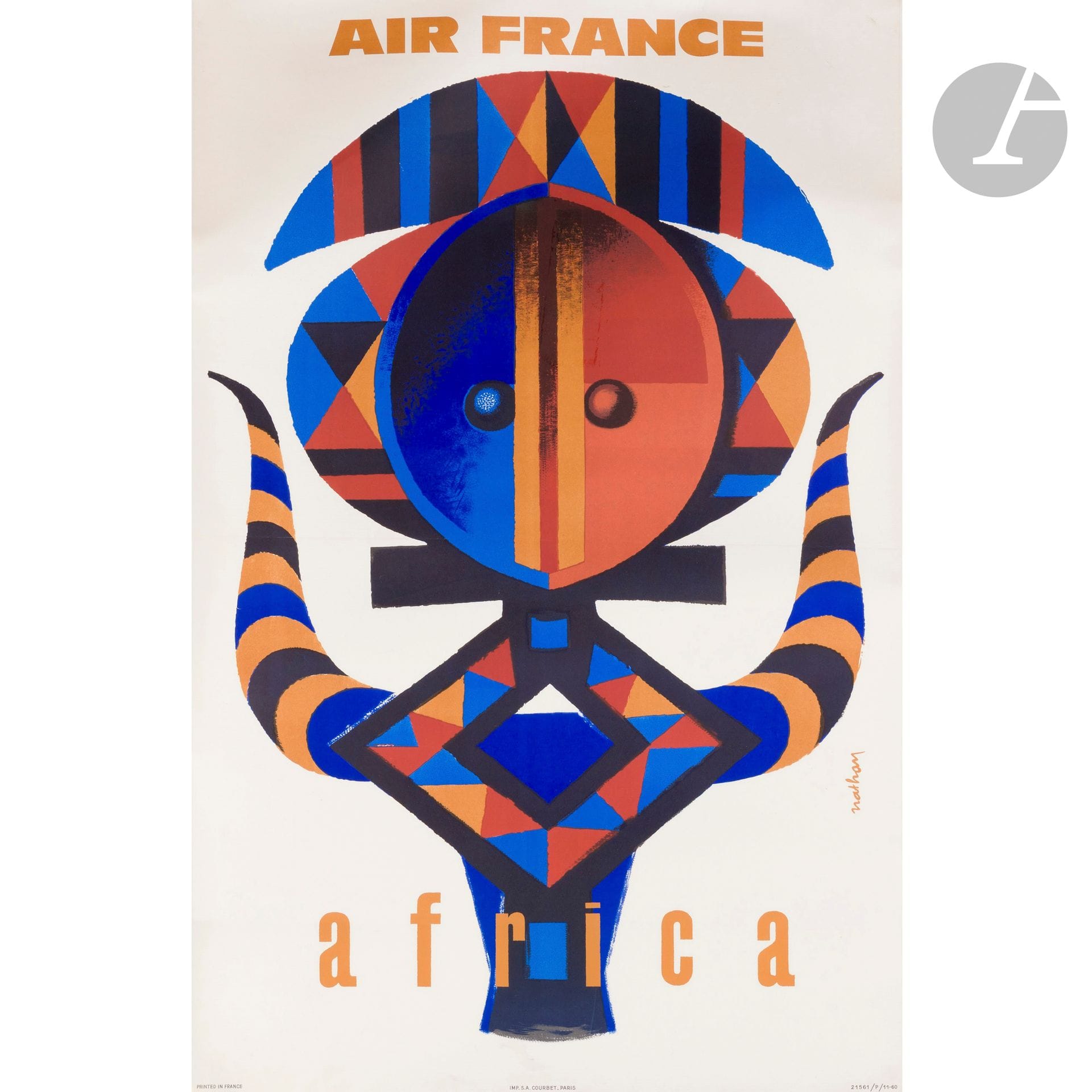 JACQUES NATHAN-GARAMOND (1910-2001)
Air France Africa, 1961
Chromolithographie. Entoilée. Imp. S.A. Courbet, Paris. Signée en bas à gauche. 98,5x63cm
(Bon état. Couleurs fraîches). 

De 1956 à 1961, Nathan réalisa quinze affiches illustrant les réalisations de la compagnie. Celle-ci est la plus synthétique.

Bibliographie:
Jacques Nathan-Garamond, affichiste et graphiste -  Bibliothèque Forney, Bibliocité, Paris, 1999. Notre affiche reproduite page 155 sous le numéro 75.