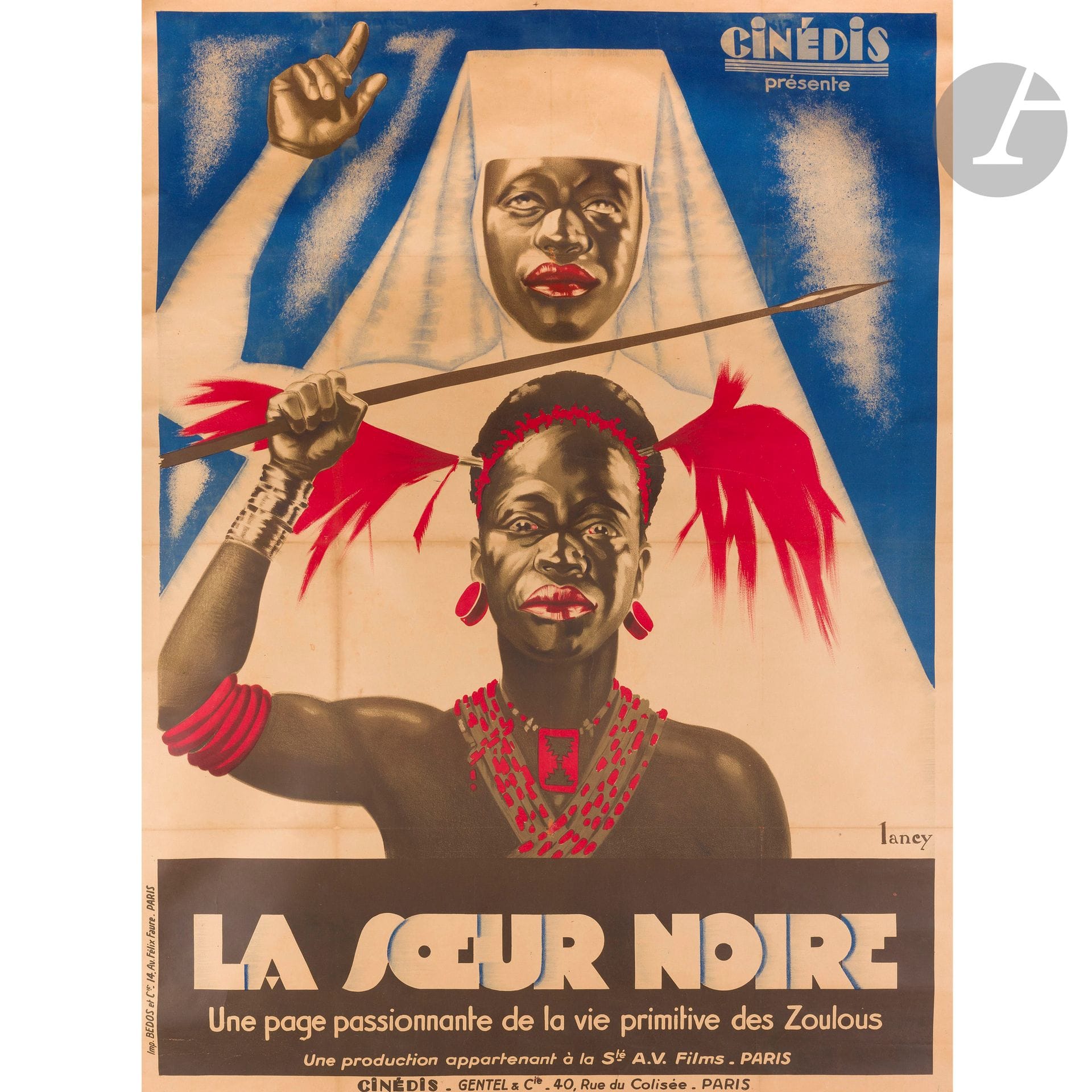 BERNARD LANCY (1892-1964)
La Sœur noire - Une page passionnante de la vie primitive des Zoulous - Cinédis
Chromolithographie. Entoilée.Imp. Bedos et cie, Paris. Signée en bas à droite. 157x116cm 
(Bon état). 

Il s’agit de la version française d’un film allemand de 1933 de Stefan Juzek «Tokosile, die Schwarze Schwester» - film sur les missions. Bernard Lancy fut un prolifique artiste du cinéma.