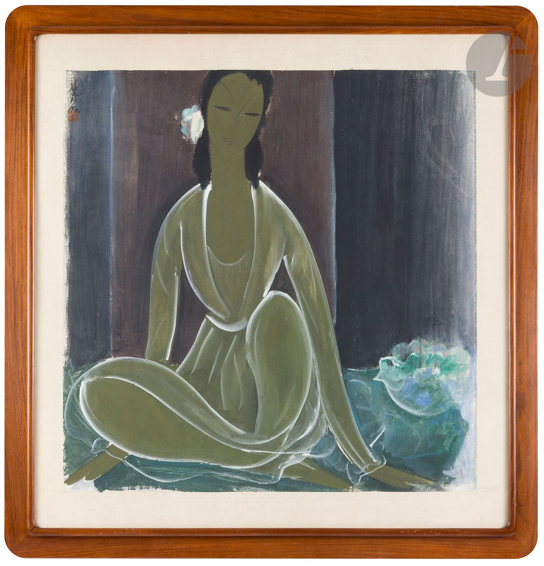 LIN Fengmian (Lin Fongmin) (1900-1991)
Beautiful lady, early 1950s
Ink, gouache on Xuan paper.
66 x 66 cm
Slightly cut at the top.

Provenance:
According to the owner, acquired directly from the artist in the 1950s.

Exhibition: 
Chinese Artists in Paris, September 9 - December 31, 2011, Musée Cernuschi. Reproduced in catalog, p. 36.

The painting depicts a stylized female figure seated in the center. Her features are simplified and her limbs elongated, rendered in shades of white and green. The background is divided into dark vertical sections. 
Signed and stamped upper left. This subject is recurrent in Lin Fengmian's work and considered by specialists to be a reminiscence of his mother, from whom he was separated at an early age in difficult circumstances.

The type of paper used by Lin Fengmian during the war, when he couldn't paint on canvas, was called 宣紙 (xuān zhǐ), also known as xuan paper. It's a fine, absorbent paper made from mulberry fibers, traditionally used for Chinese calligraphy and painting. Xuanzhi is prized for its resistance to ink and its ability to capture the subtle nuances of brushstrokes. Its smooth, uniform surface was ideal for Lin Fengmian's style of painting, which emphasized fluid lines and soft colors. What's more, xuanzhi was relatively inexpensive and easy to find, making it a practical choice for Lin Fengmian during the wartime period of economic hardship.

Lin Fengmian, a major Chinese artist of the 20th century, shaped his country's art history by fusing the influences of European modernity with traditional Chinese artistic heritage. Born into a family of poor artisans in 1900 in Guangdong province, he overcame financial obstacles through determination and unexpected good fortune, winning the lottery to study in France. In Paris, he trained at the École Nationale des Beaux-Arts after a spell at the Ecole des Beaux-Arts in Dijon, and discovered a vibrant Franco-Chinese artistic community. Back in China, he became a key figure in artistic reform, promoting modern art and fusing Chinese and Western techniques. As director of the National Art School in Beijing, he played a key role in promoting contemporary art. However, political upheaval and social instability forced him to leave Beijing in 1927, but he found refuge in Hangzhou, where he founded the National Academy of Arts. World War II and the Chinese Cultural Revolution marked tumultuous times for Lin Fengmian. Forced underground and forced to destroy his own works during the Cultural Revolution, he was imprisoned as an "enemy of the people". After his release, he lived in precarious conditions until his departure for Hong Kong in 1977. Despite his ordeal, Lin Fengmian continued to create and to commit himself to preserving his artistic heritage. He died in Hong Kong in 1991, leaving behind a remarkable artistic legacy and a lasting influence on modern Chinese art.