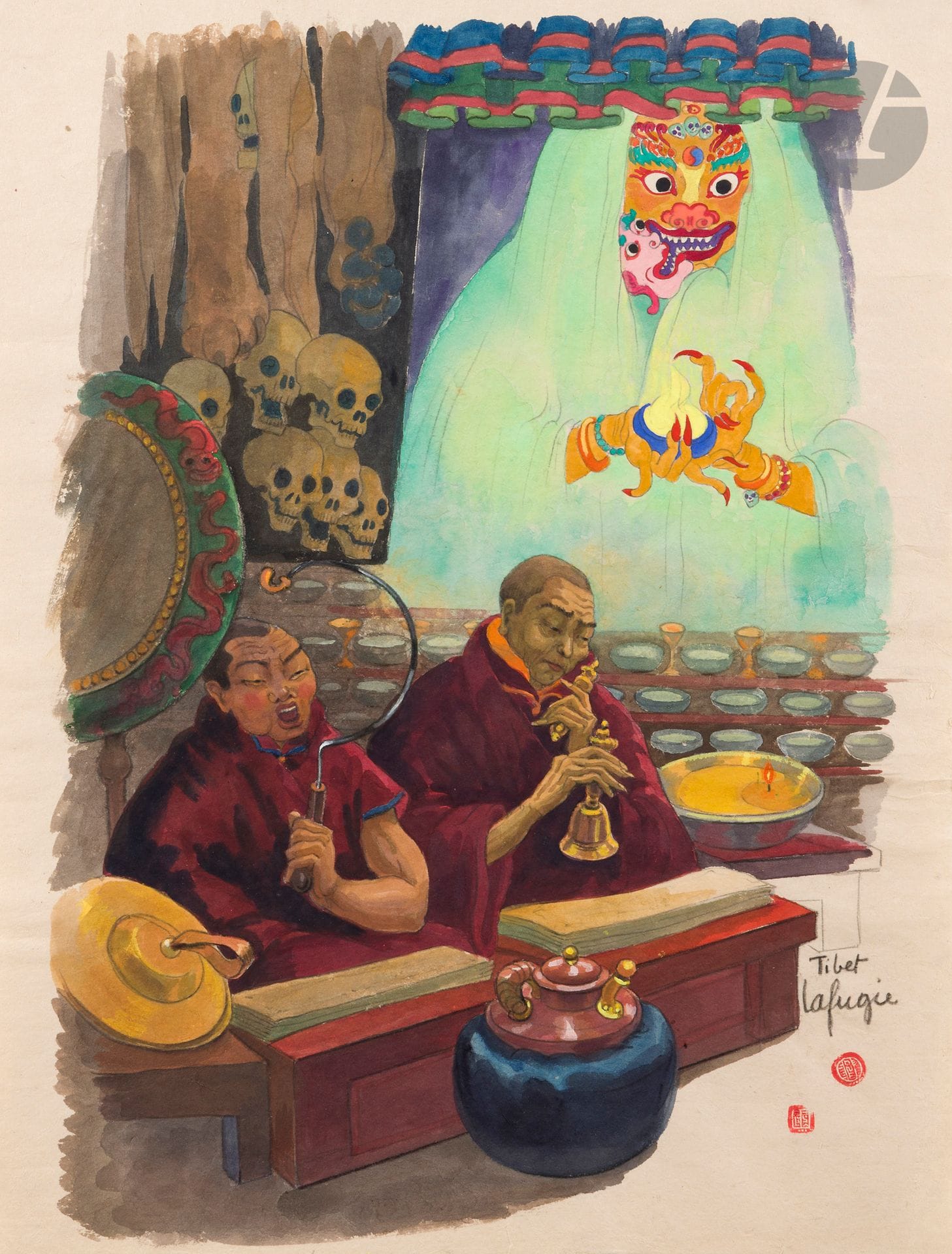 Léa LAFUGIE (1890-1972) 
Prière tibétaine
Crayon, gouache et aquarelle sur papier représentant deux moines tibétains assis chantant des sutra, l’un frappant sur un tambour lag rnga, l’autre actionnant de sa main droite un dril-bu et tenant de la gauche un vajra. A gauche, se consume une lampe à beurre devant des rangées de bols à offrandes. En arrière-plan, apparaît une divinité farouche et sa parèdre avec à leur droite des crânes humains qui semblent s’animer dans l’éther, pattes et peaux de tigre.
Signé en bas à droite « Tibet-Lafugie » avec deux sceaux rouges.
49 x 37 cm