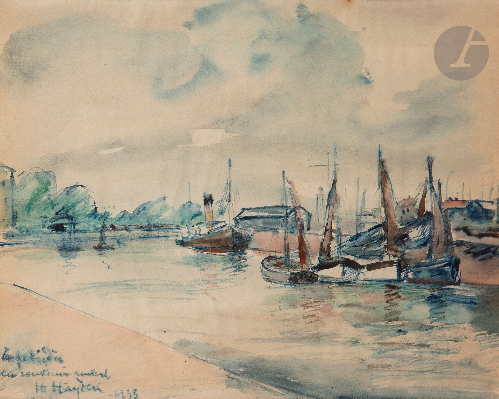 Henri HAYDEN (1883-1970)
Le Port, 1933
Aquarelle.
Signée, datée, et dédicacée à Pétridès / en souvenir amical en bas à gauche.
23 x 29 cm

Paul Pétridès était marchand d’art. Un portrait de lui par Hayden a été vendu chez Ader le 17 février 2017 (lot 269).