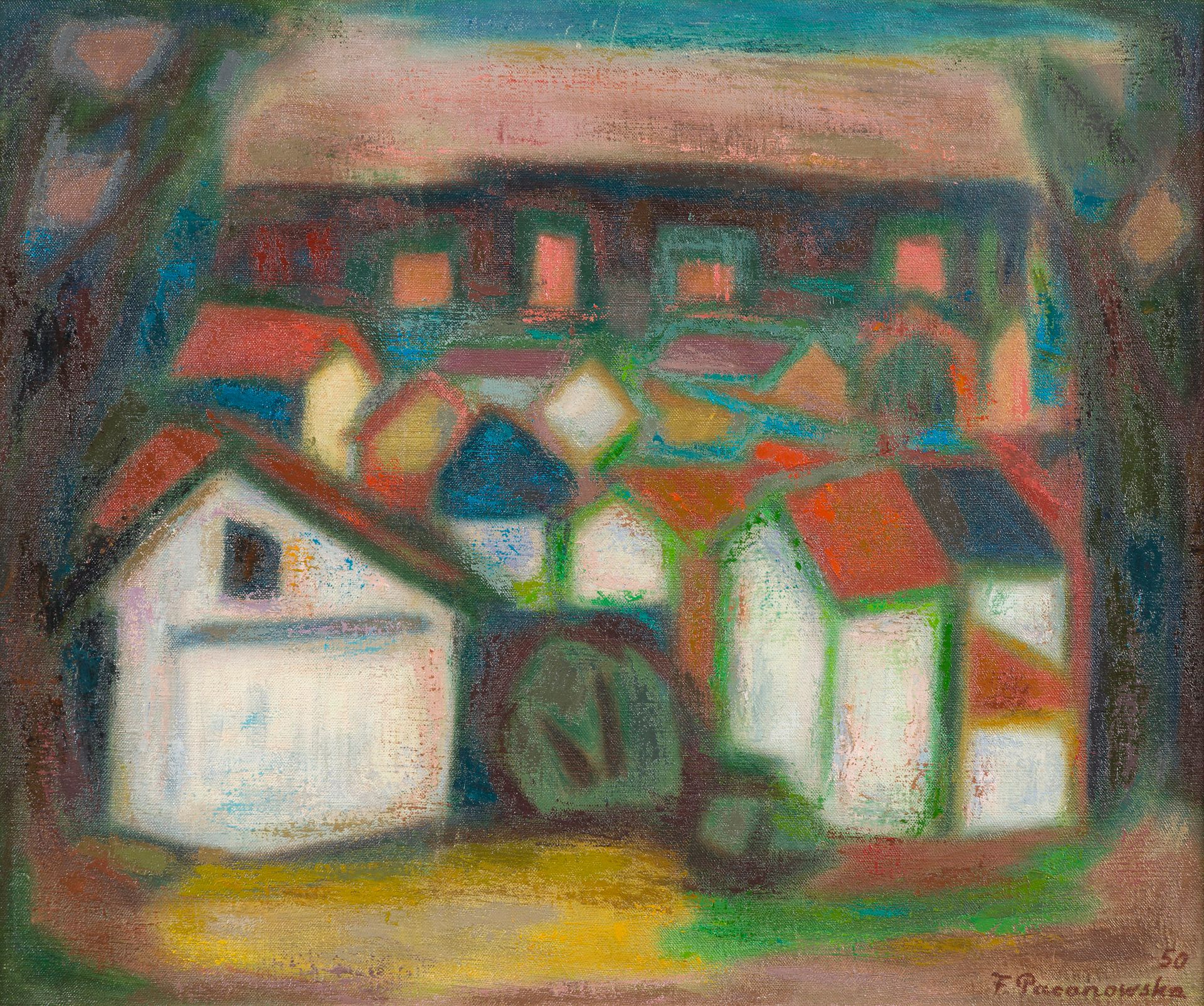 Felicia PACANOWSKA (1907-2002)
Vue d’Avallon, 1950
Huile sur toile.
Signée en bas à droite.
45 x 55 cm

On y joint une encre représentant le premier vote des Françaises, non signée.