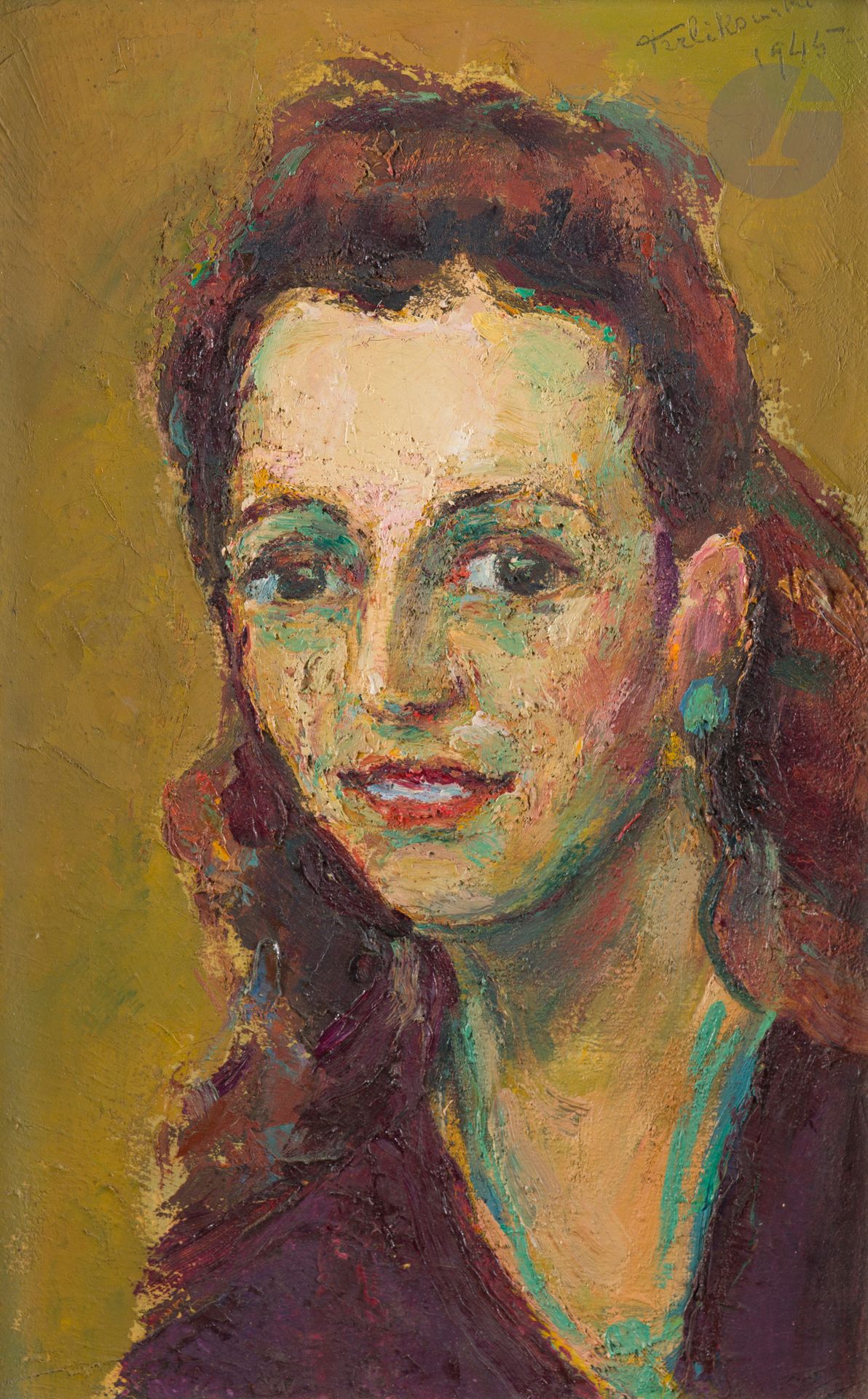 Vladimir (Włodzimierz) TERLIKOWSKI (1873-1951)
Portrait of a Woman, 1945
Oil on canvas.
Signed and dated upper right.
41 x 27 cm

Provenance : 
Private collections of Villeneuvois, Musée Gaston Rapin, Villeneuve-sur-Lot, 1982 (label on back).