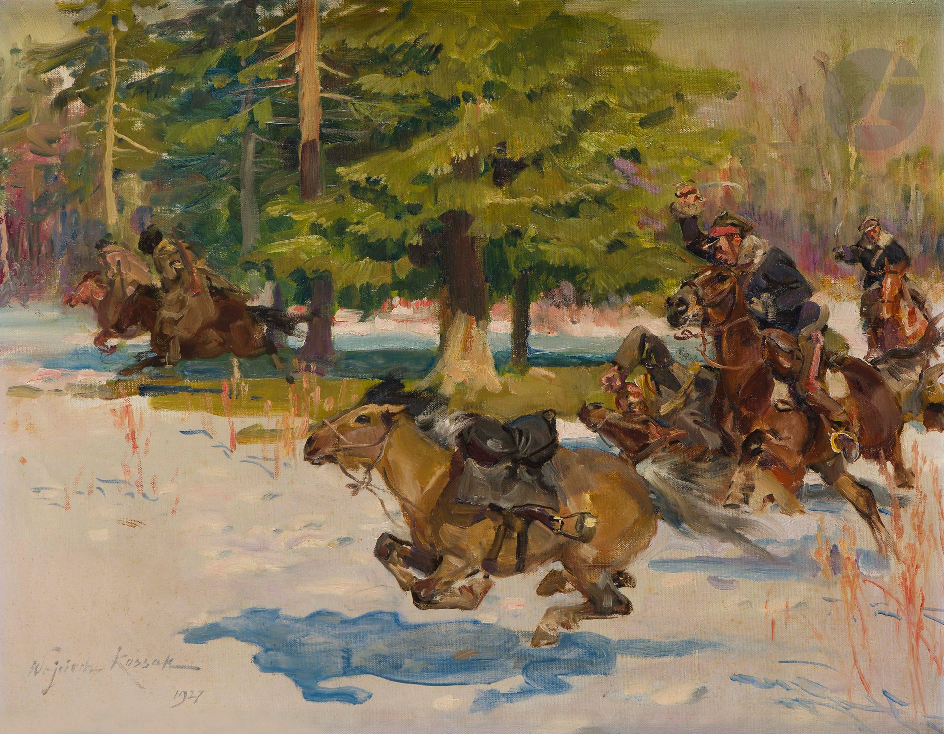Wojciech KOSSAK (1856-1942)
Un de mes souvenirs de la guerre bolchevique de 1920, 1927
Huile sur toile.
Signée et datée en bas à gauche.
Titrée au dos.
57 x 70 cm