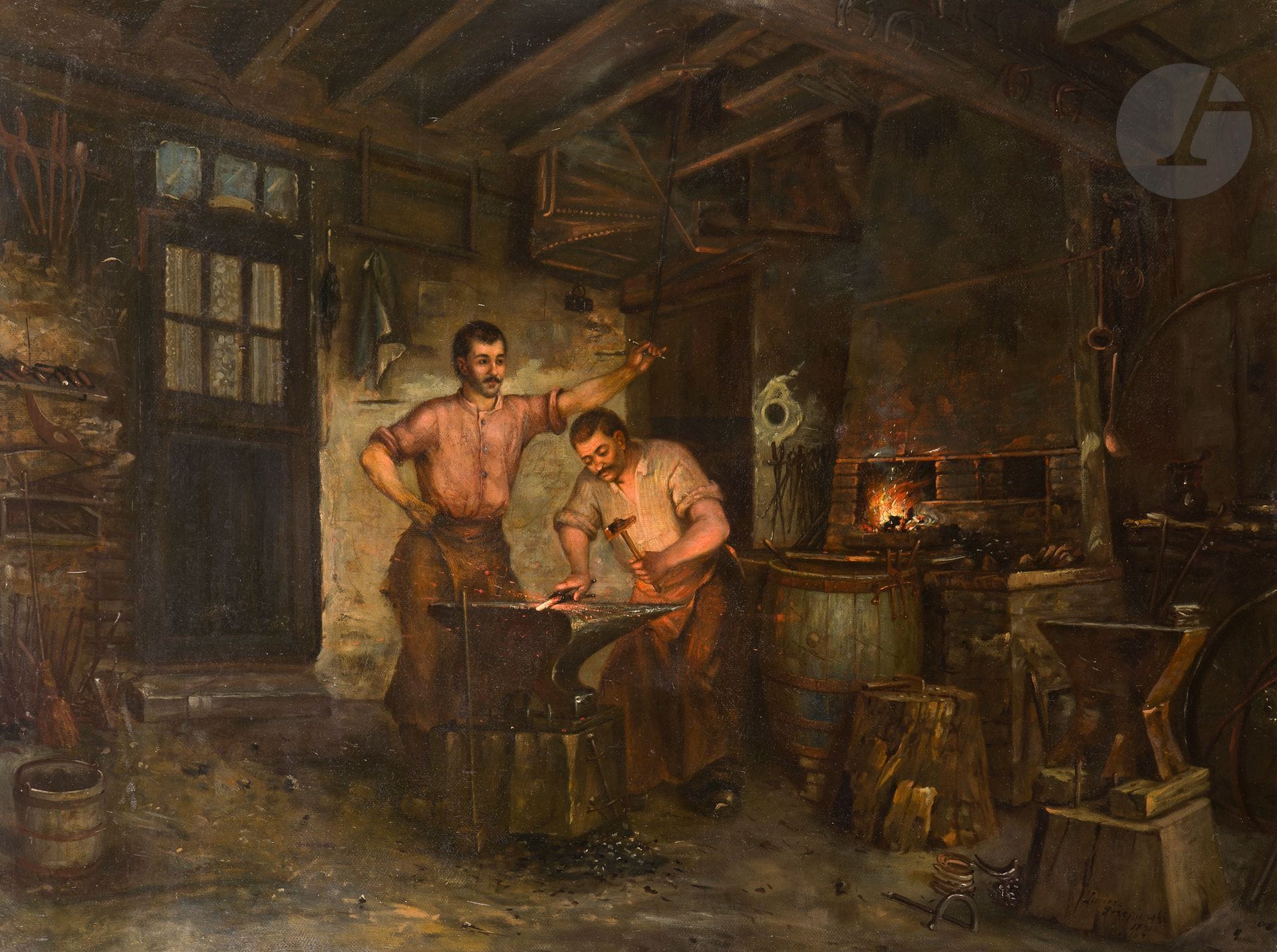 Lucien PRZEPIORSKI (1831-1911)
Blacksmiths, 1891
Oil on canvas.
Signed and dated lower right.
86 x 114.5 cm