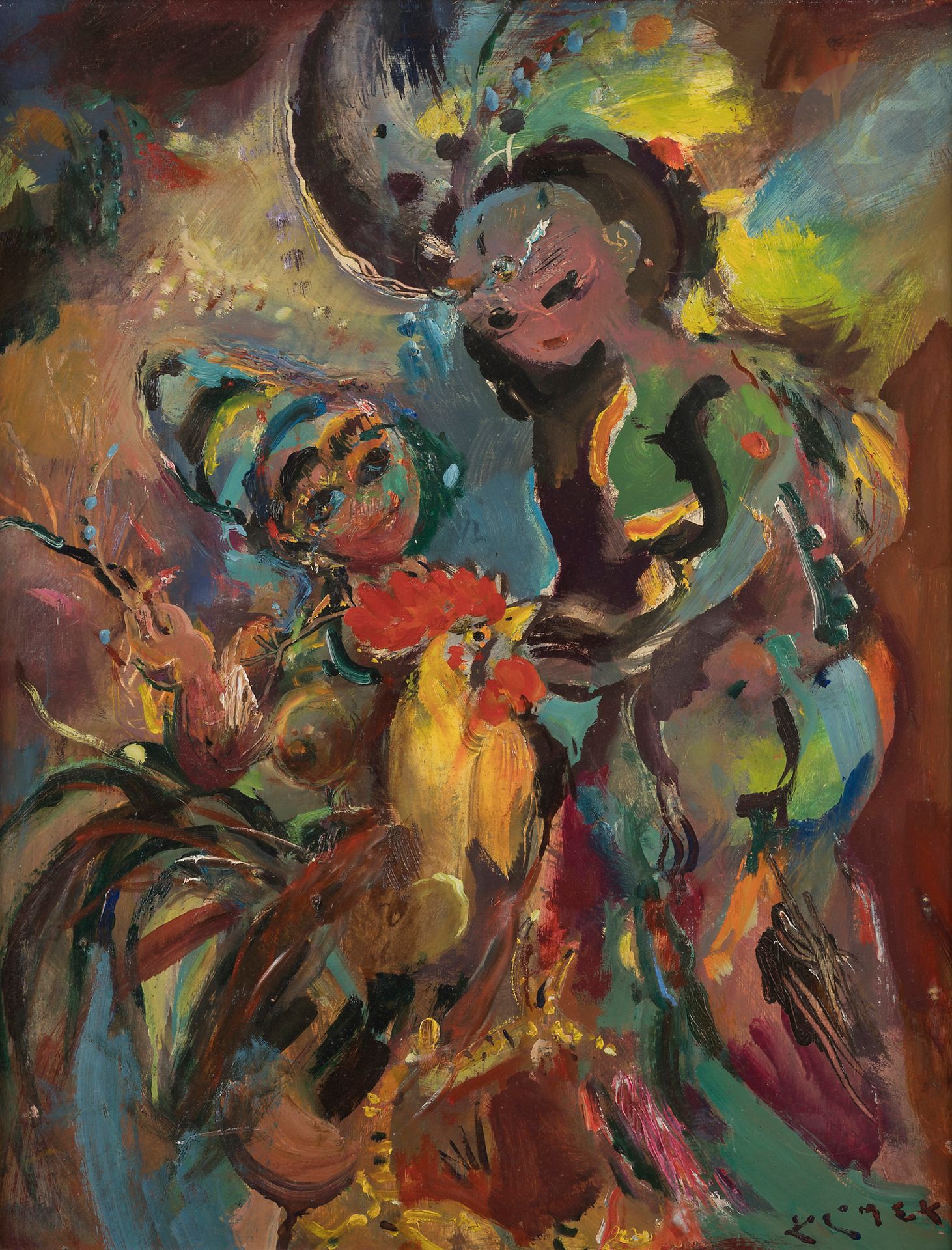 Ludwig KLIMEK (1912-1992)
Fée et lutin au coq
Huile sur isorel.
Signée en bas à droite.
65 x 50 cm