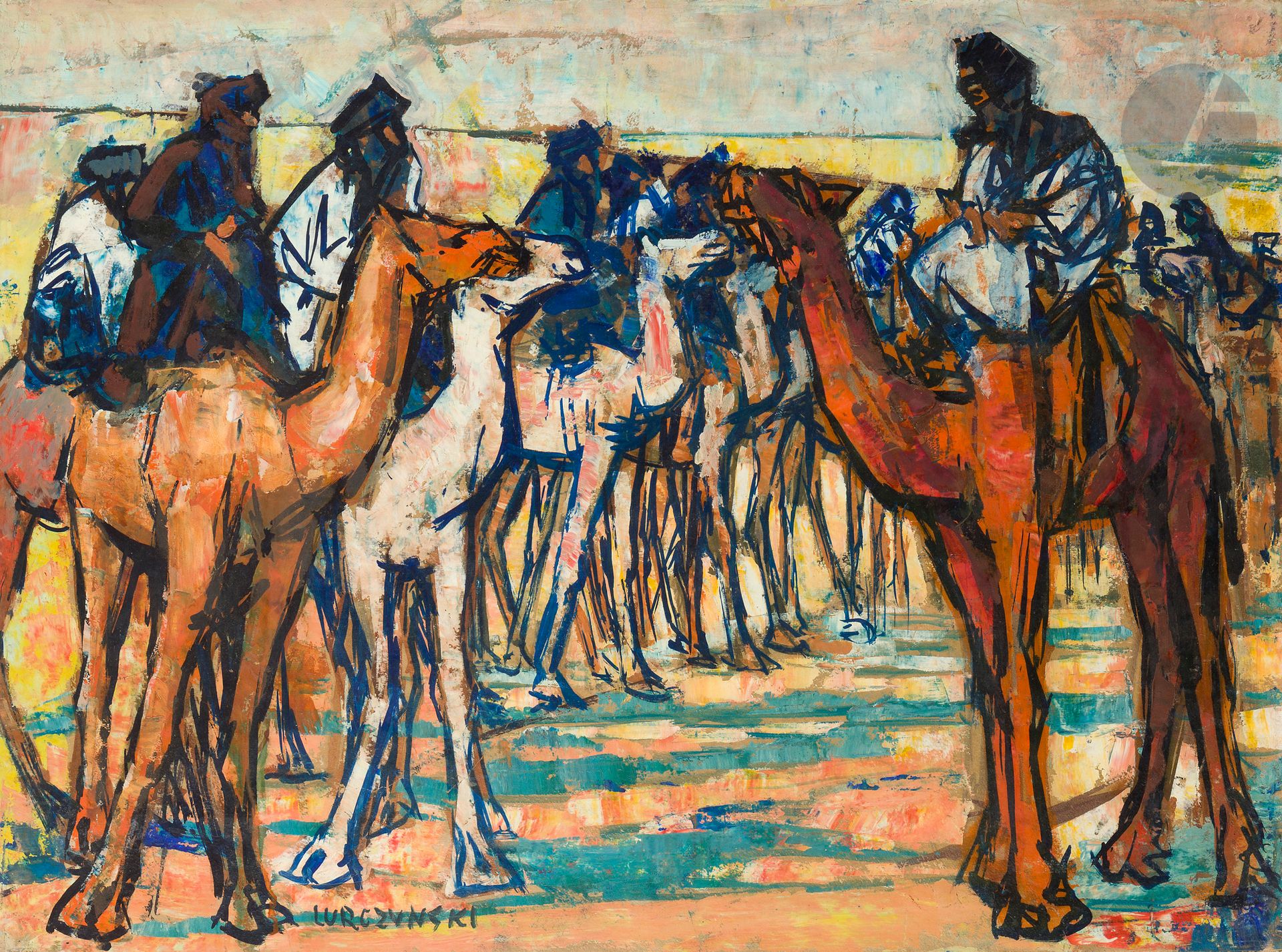 Mieczyslaw LURCZYNSKI (1908-1992)
Touaregs
Huile sur carton.
Signée en bas à gauche. 
Tampon au dos.
54 x 73 cm