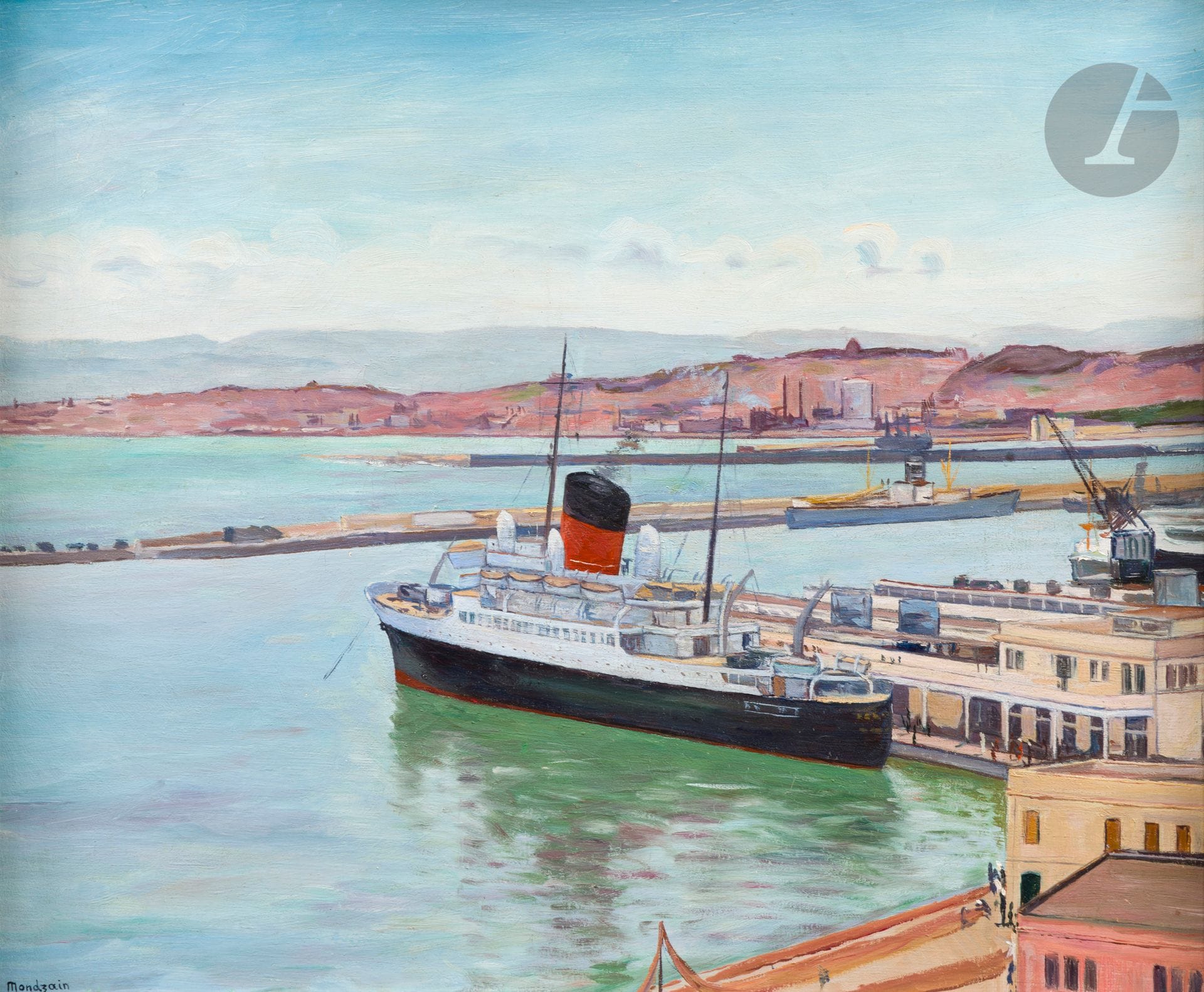 Simon MONDZAIN (1888-1979)
Gare de la transat, bateau Ville d’Alger
Huile sur toile.
Signée en bas à gauche.
Titrée et contresignée au dos.
54 x 65 cm

Mondzain voyage en Algérie dès 1925. Il s’y installe en 1933. Il passe la période de la Seconde Guerre mondiale à Alger, en compagnie, entre autres, d’Albert Marquet. Il ne rentre à Paris qu’au moment de l’indépendance en 1962. 
Le paquebot Ville d’Alger navigue entre 1935 et 1968.