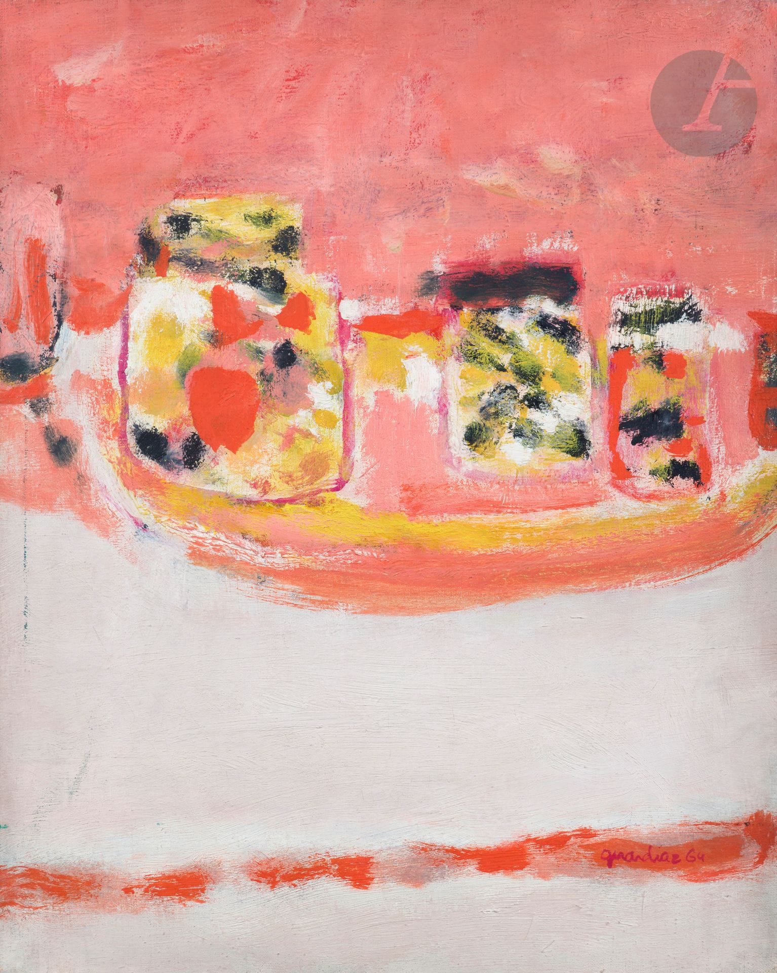 Gérard Diaz dit GERARDIAZ (né en 1938)
Bocaux, 1964
Huile sur toile.
Signée et datée en bas à droite.
Signée, datée et titrée au dos.
41 x 33 cm

Provenance : 
Galerie Framond, Paris (étiquette sur le châssis).