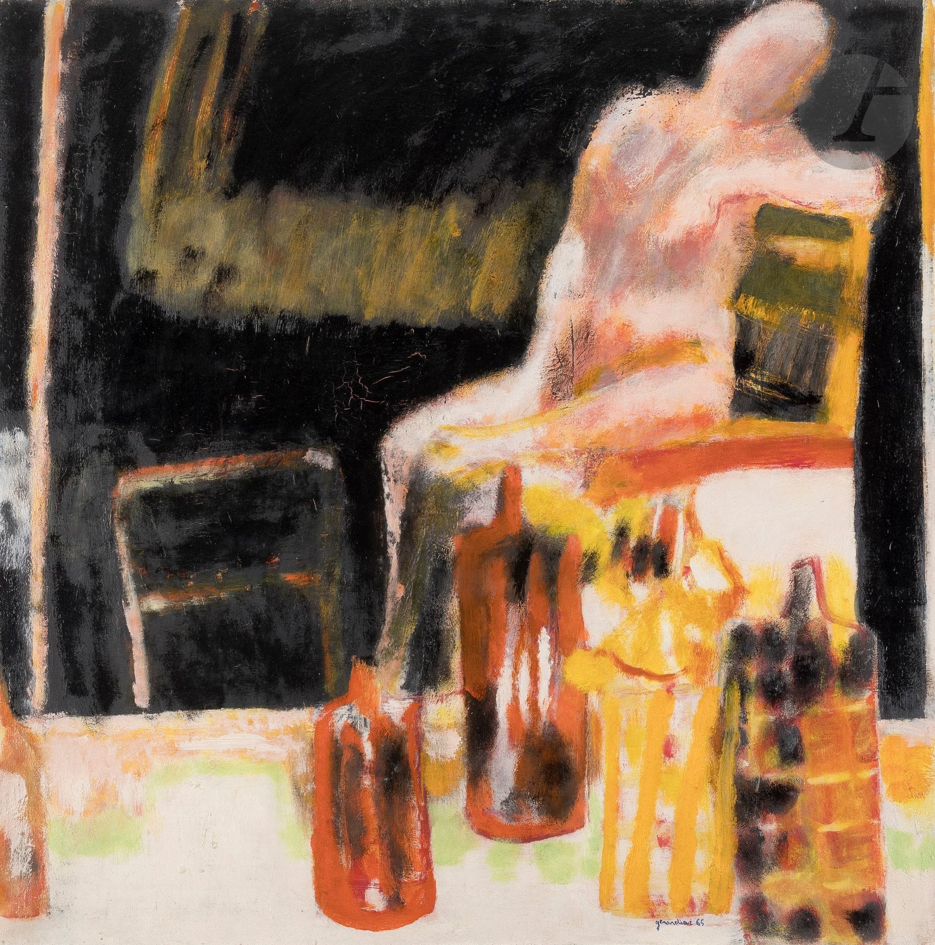 Gérard Diaz dit GERARDIAZ (né en 1938)
Le Repos, 1965
Huile sur toile.
Signée et datée en bas à droite.
Signée, datée et titrée au dos sur le châssis.
80 x 80 cm

Provenance : 
Galerie Framond, Paris (étiquette au dos sur le châssis).