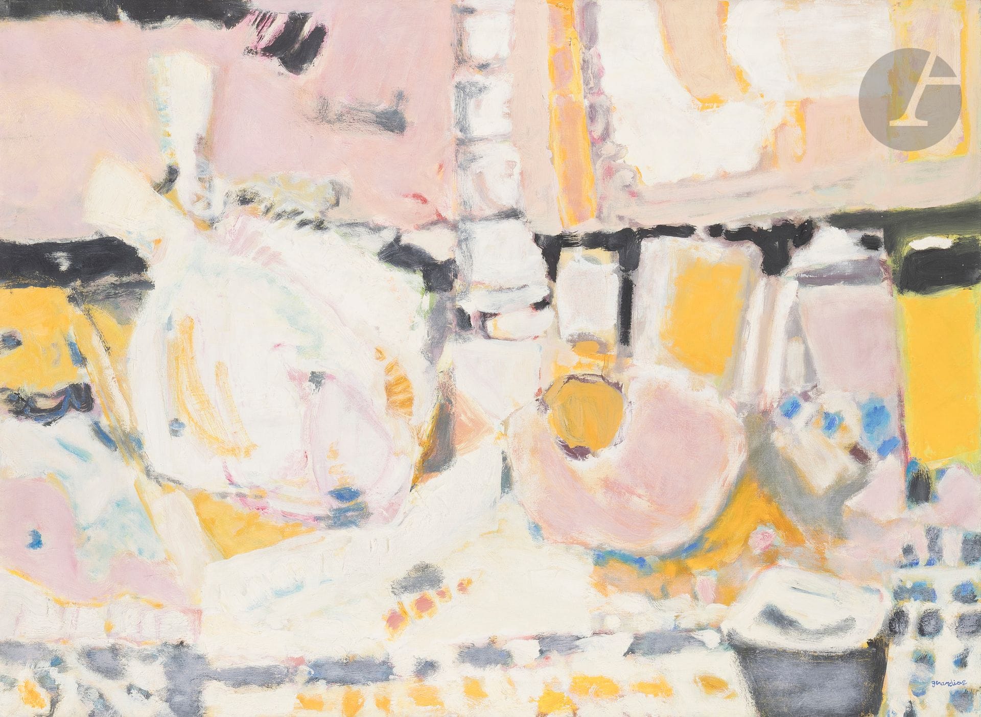 Gérard Diaz dit GERARDIAZ (né en 1938)
Les Turbots, 1964
Huile sur toile.
Signée en bas à droite.
Signée, datée et titrée au dos sur le châssis.
93 x 100 cm