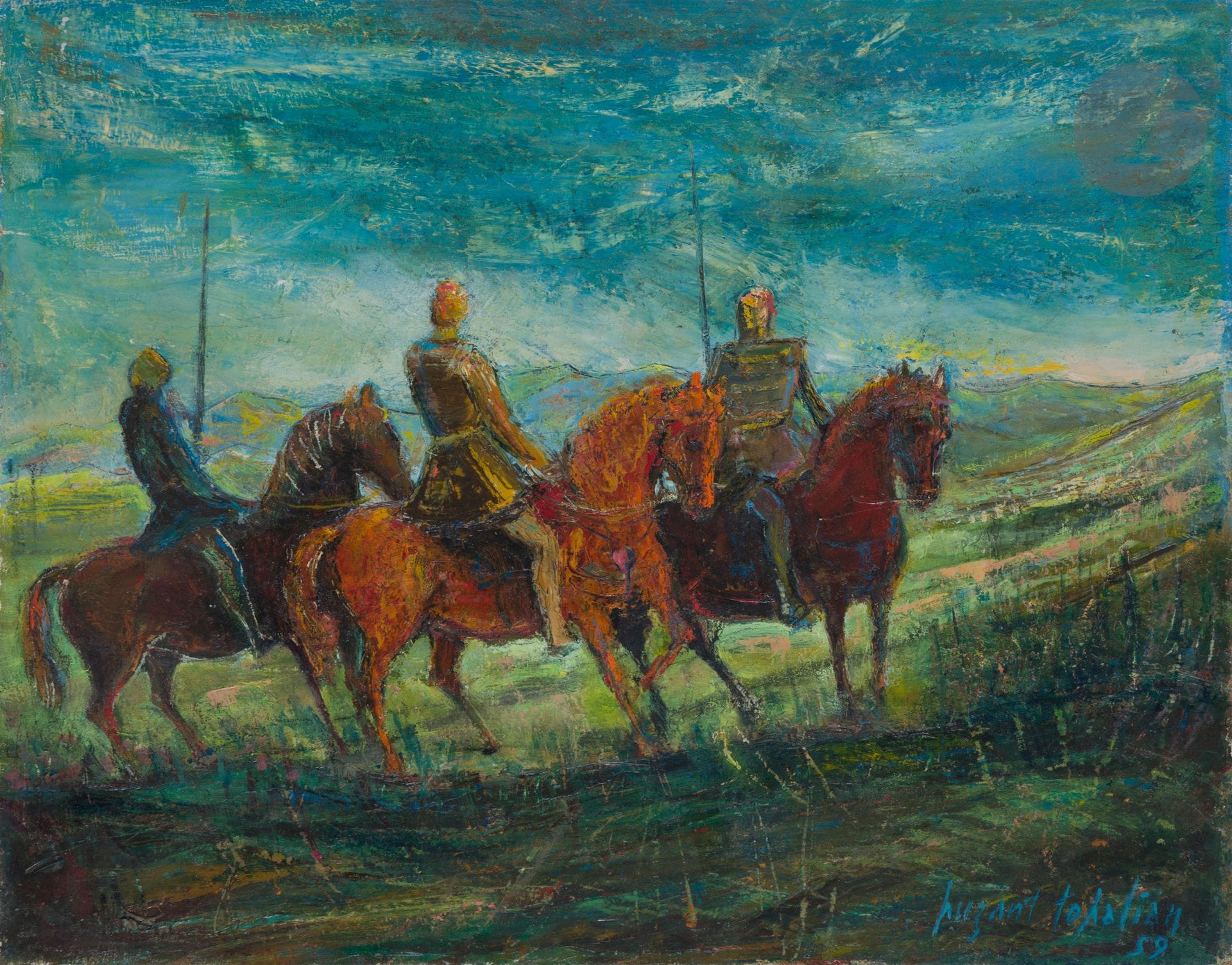 Puzant TOPALIAN (1902-1970)
Les Cavaliers, 1959
Huile sur toile.
Signée et datée en bas à droite.
Signée au dos.
60 x 72 cm