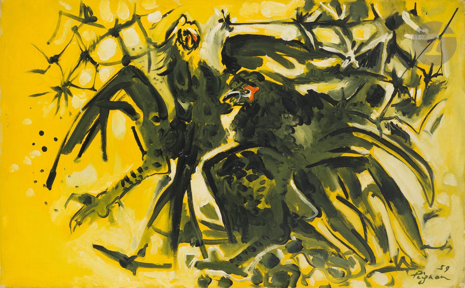 Édouard PIGNON (1905-1993)
Roosters in combat, 1959
Oil on canvas.
Signed and dated lower right.
Signed, dated and titled on the back.
38 x 61 cm

This work is listed in the Catalogue raisonné of Édouard Pignon currently being prepared by Mr. Philippe Bouchet.

We would like to thank Mr. Philippe Bouchet for the information he provided.