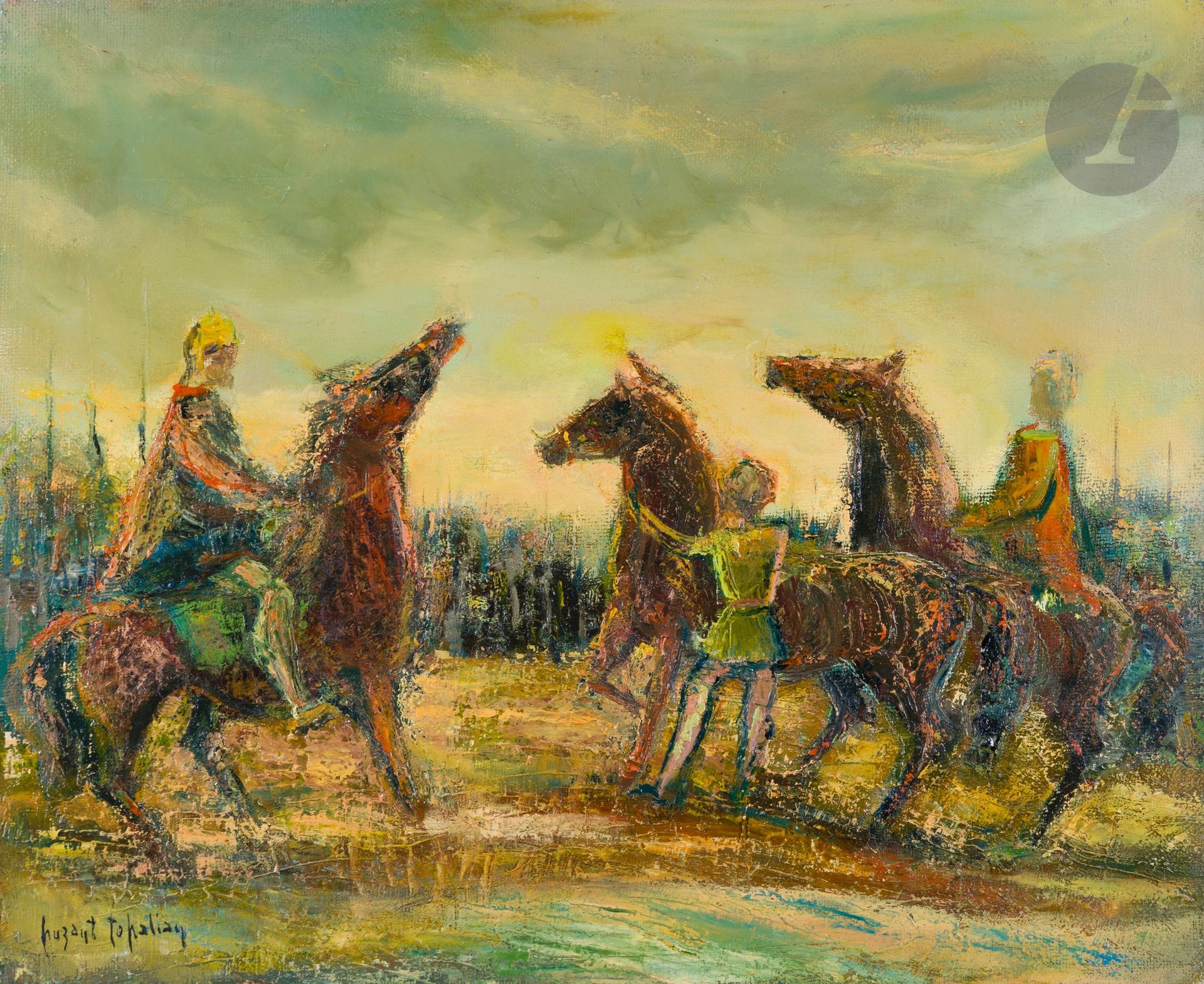 Puzant TOPALIAN (1902-1970)
Les Cavaliers
Huile sur toile.
Signée en bas à gauche.
Signée au dos.
50 x 61 cm