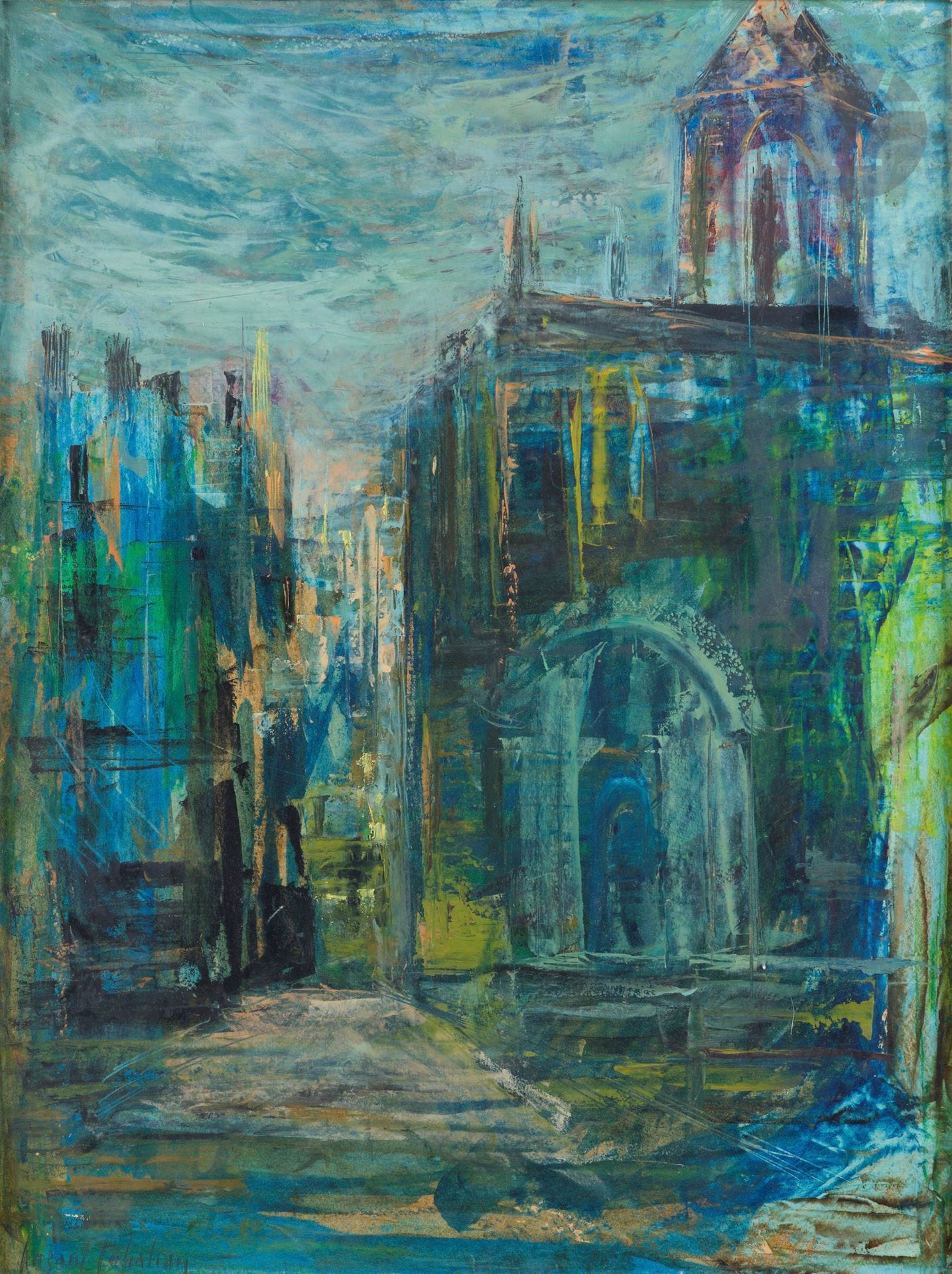 Puzant TOPALIAN (1902-1970)
La Place de l'église
Huile sur isorel.
Signée en bas à gauche.
62 x 46 cm

Provenance : 
Galerie Framond, Paris (étiquette au cadre).
