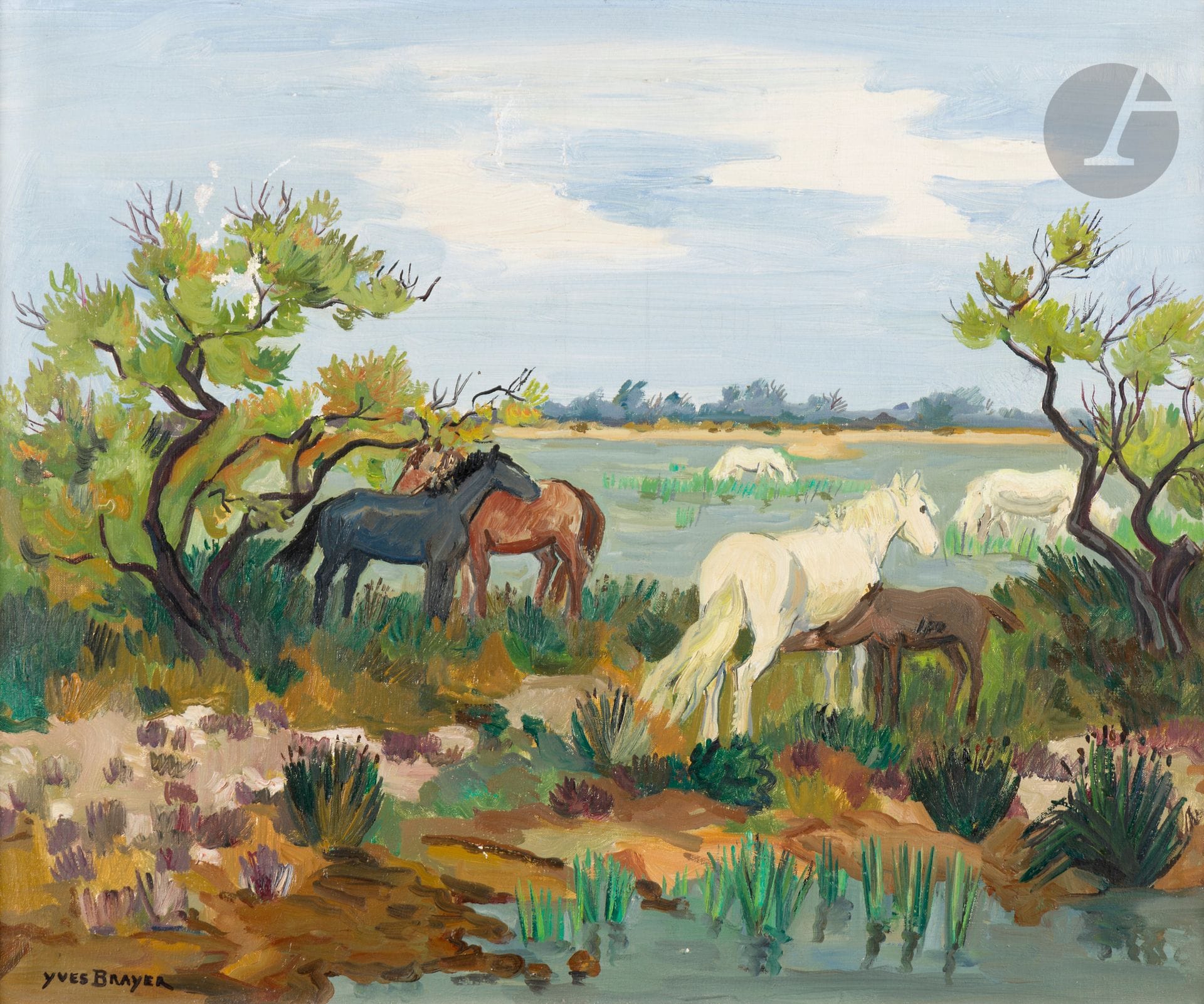 Yves BRAYER (1907-1990)
Chevaux aux Tamaris, 1968
Huile sur toile.
Signée en bas à gauche.
(Manques et enfoncements).
54 x 65 cm

Bibliographie : 
Lydia Harambourg, Hermione, Corinne et Olivier Brayer, Yves Brayer Catalogue Raisonné de l'œuvre peint, Tome 2, 1961-1990, Lausanne, La Bibliothèque des Arts, n° 2701, reproduit p. 106.