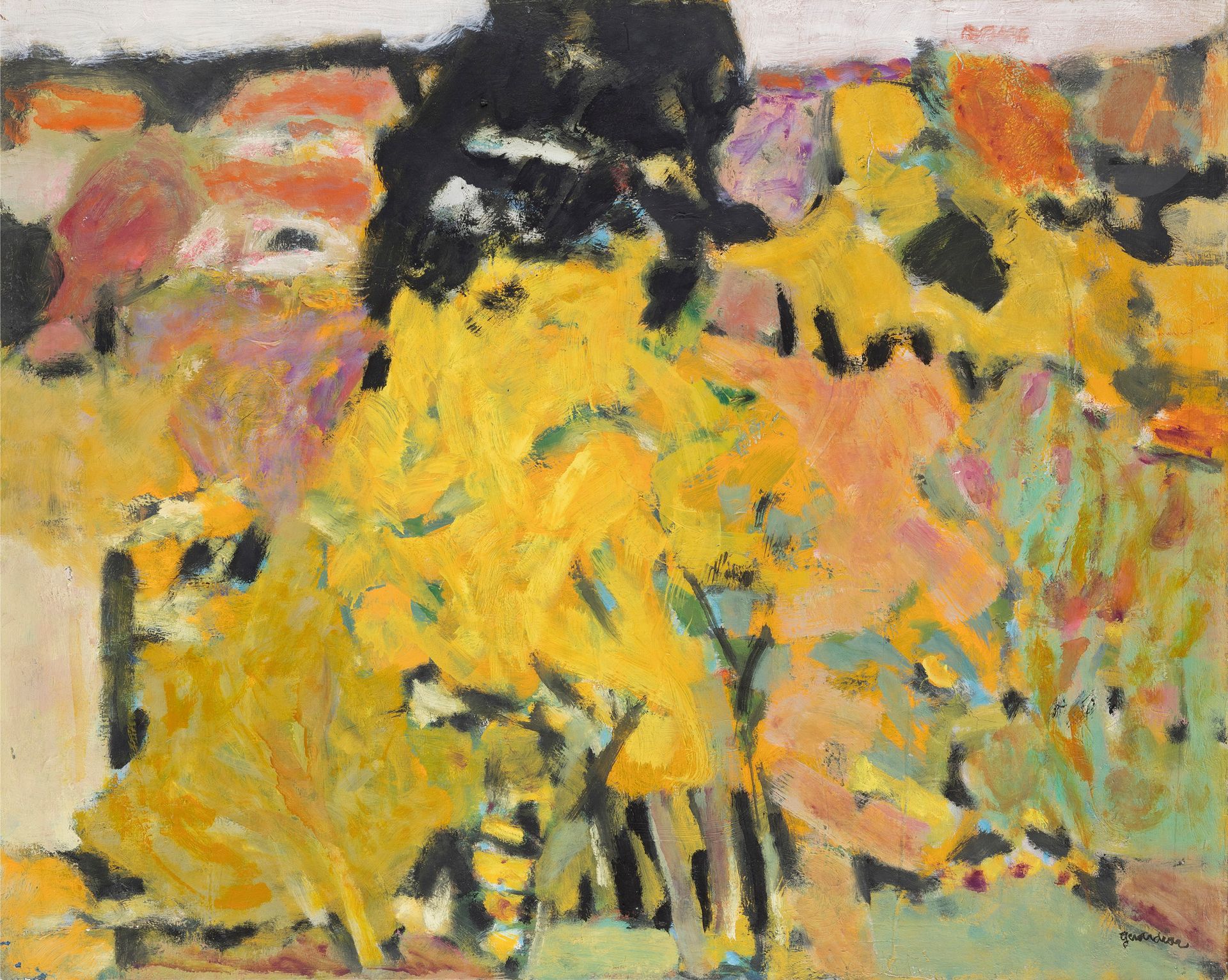 Gérard Diaz dit GERARDIAZ (né en 1938)
L'Automne, 1963
Huile sur toile.
Signée en bas à droite.
Signée, datée et titrée au dos sur le châssis.
64 x 81 cm