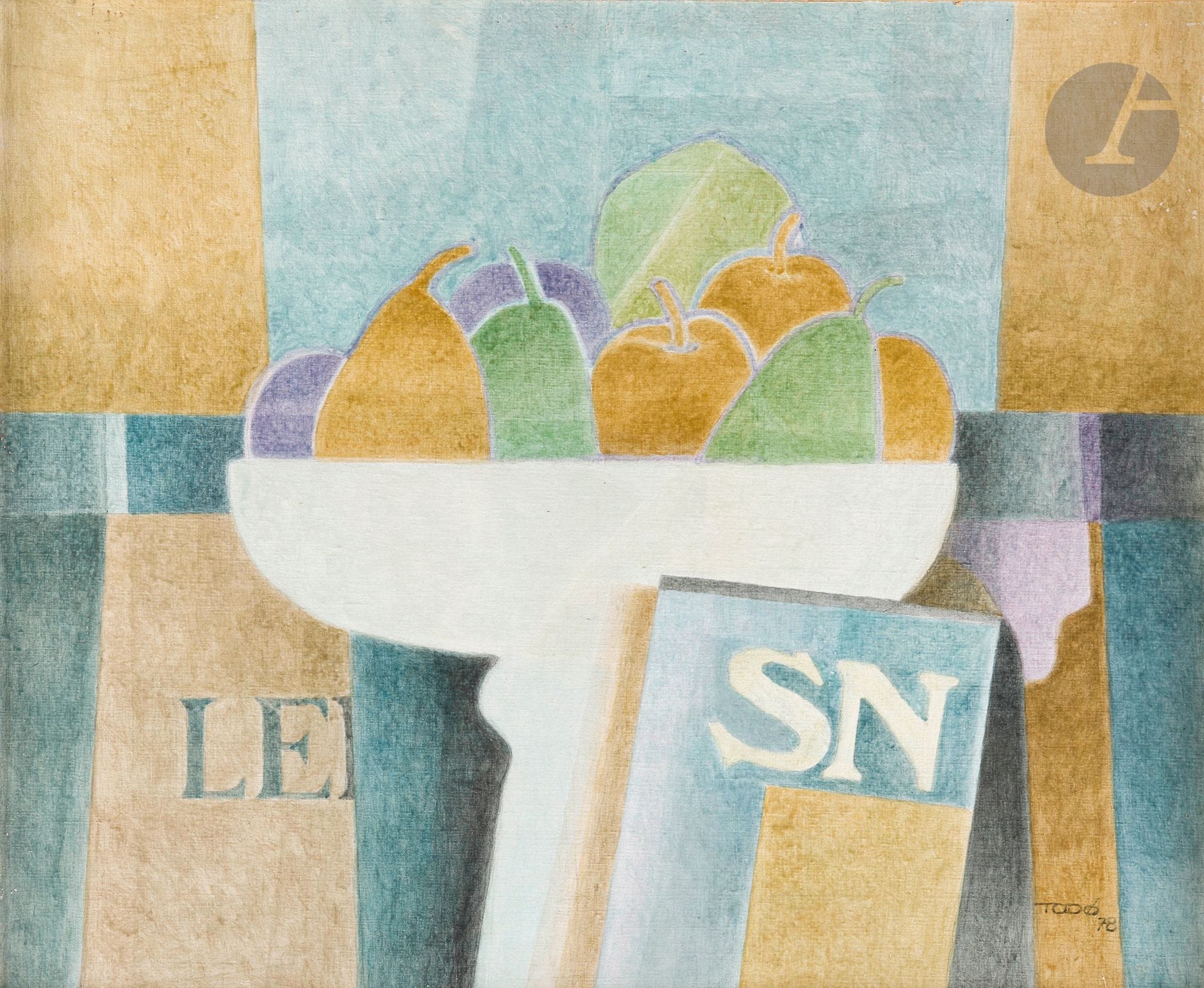 Francisco TODO GARCIA (1922-2016)
Fruiter papzers i lletres, 1978
Huile sur toie.
Signée et datée en bas à droite.
Signée, datée et titrée au dos.
60 x 73 cm