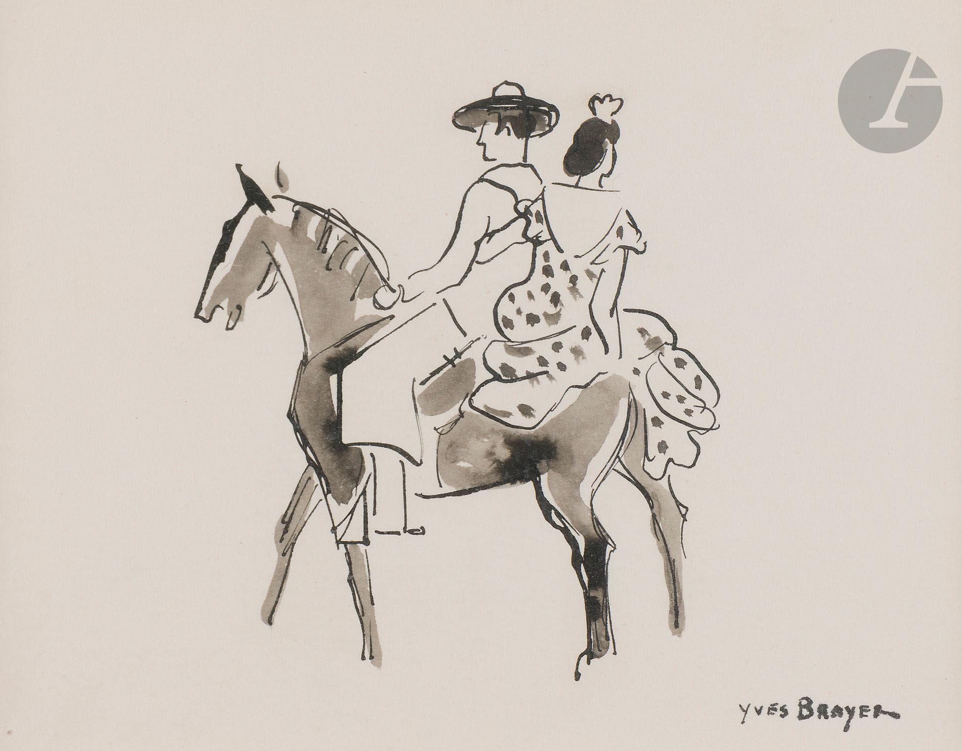 Yves BRAYER (1907-1990)
Feria de Séville, 1956
Encre de Chine et lavis d'encre.
Signée en bas à droite.
14 x 18 cm

Provenance : 
Collection particulière, Monaco.

L'oeuvre est référencée dans les archives Yves Brayer sous le n° P59451.

Nous remercions Monsieur Olivier Brayer et Madame Corinne Brayer d'avoir confirmé l'authenticité de cette oeuvre et pour les informations qu'ils nous ont transmises.
