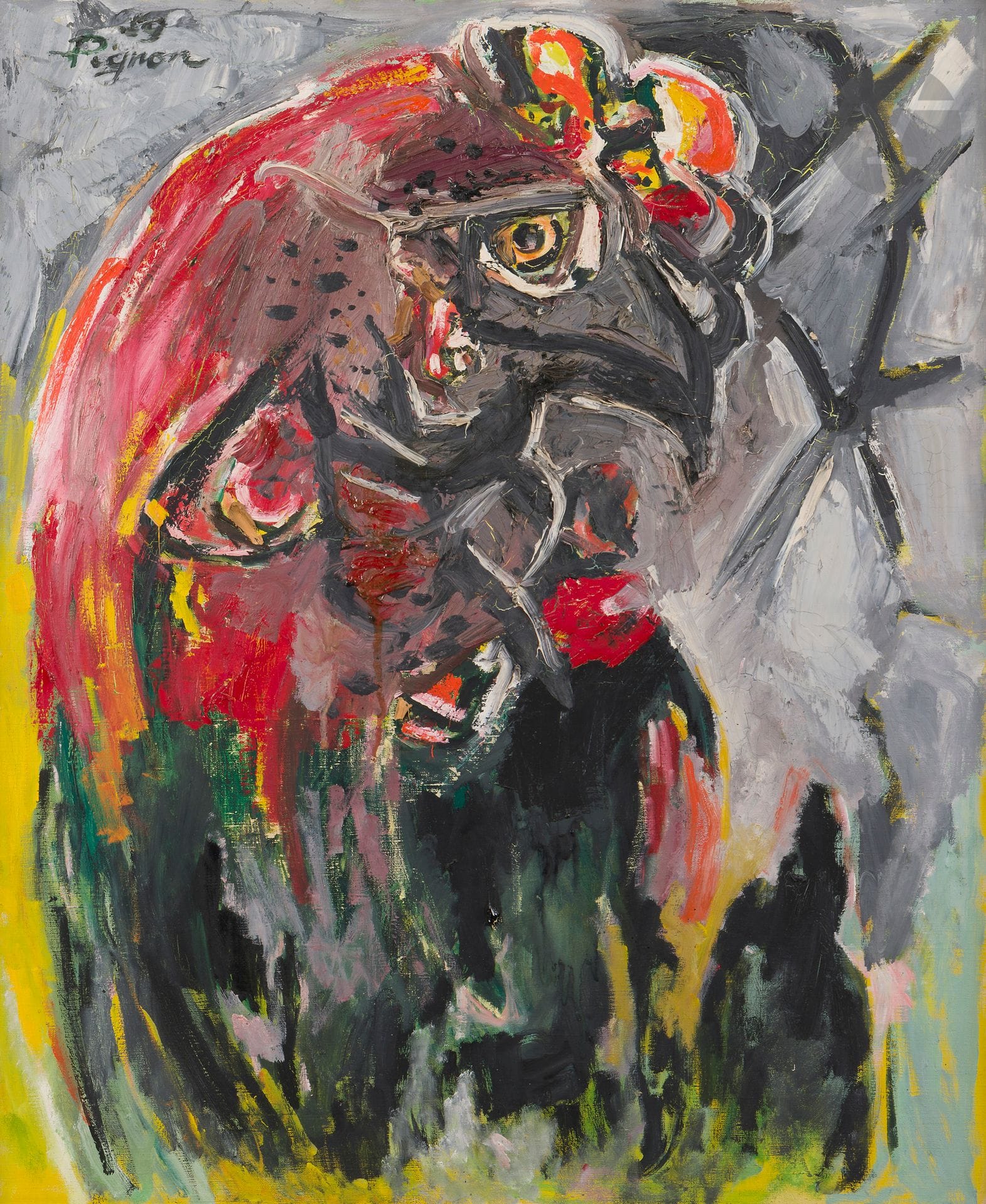 Édouard PIGNON (1905-1993)
Rooster head, 1959
Oil on canvas.
Signed and dated upper left.
73 x 60 cm

Provenance :
- Collection of M. Jacques Lambert, Milly-la-Forêt.
- Sale Mes Laurin-Guilloux-Buffetaud-Tailleur, Paris, June 12, 1995, no. 118.
- Sale Me Briest, Paris, December 15, 1995, no. 160.
- Private collection, Papeete, Tahiti.
- Collection of Monsieur L., Haute-Savoie.

Exhibition : 
Retrospective Édouard Pignon, Musée national d'Art moderne, Paris, July 8 - October 15, 1966, catalog, no. 85.

This work will be included in the Catalogue raisonné of Édouard Pignon's work being prepared by Mr. Philippe Bouchet, under no. 0684.

We would like to thank Mr. Philippe Bouchet for the information he provided.