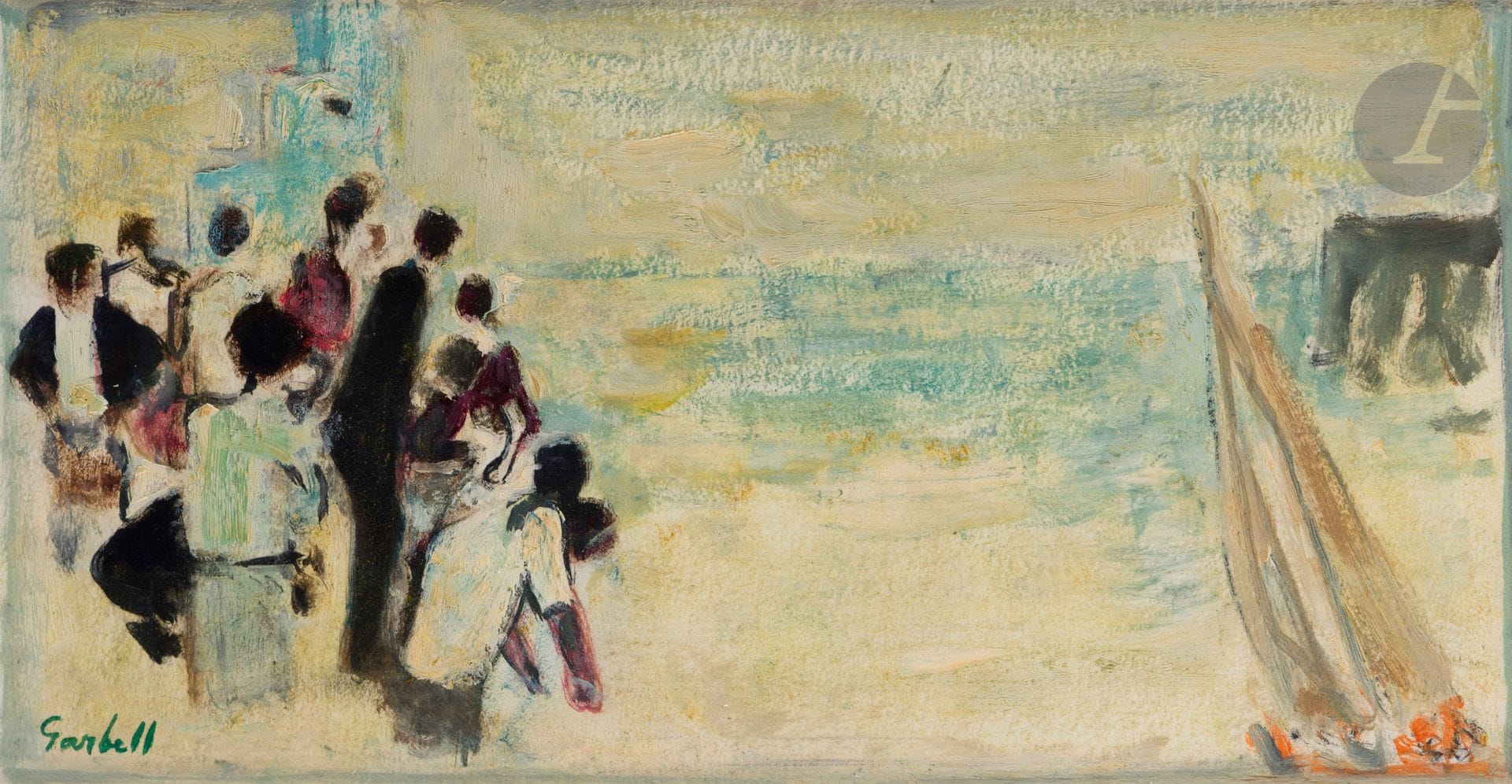 Alexandre Sacha GARBELL (1903-1970)
Personnages et voiliers
Huile sur papier.
Signée en bas à gauche.
16 x 30 cm