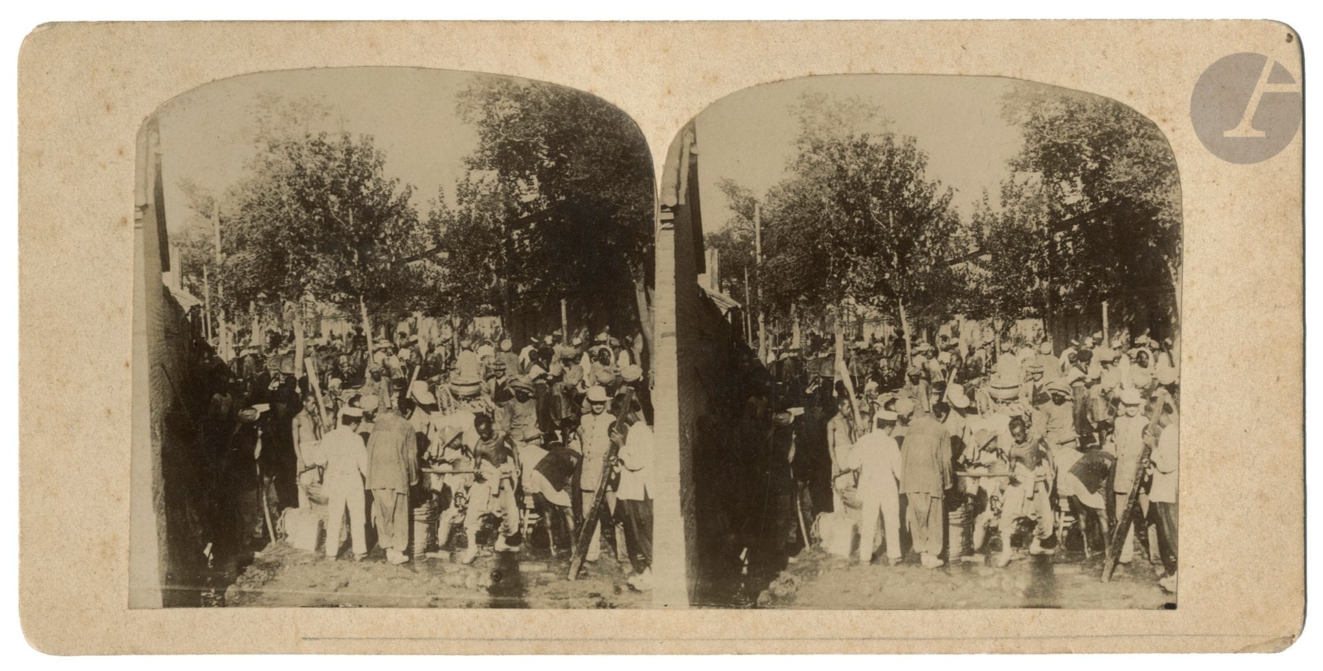Unidentified photographer
Boxer Rebellion. China, 1899-1901.
Tientsin. Siege of the city. Fire. Arrival of Marshal Waldersee. City walls. Chief of police. Peking. Observatory. West Street. Porcelain tower. English legation. Pagoda of the Lamas. Coal Hill. Summer palace. Corpses. Canton. Chu-Kiang. Beheading. Hong Kong. Hankou. Throne of the Emperor of China. 
58 stereoscopic prints on citrate paper. Numerous handwritten annotations on versos of mounts.
Size of mounts: 7.5 x 14 cm