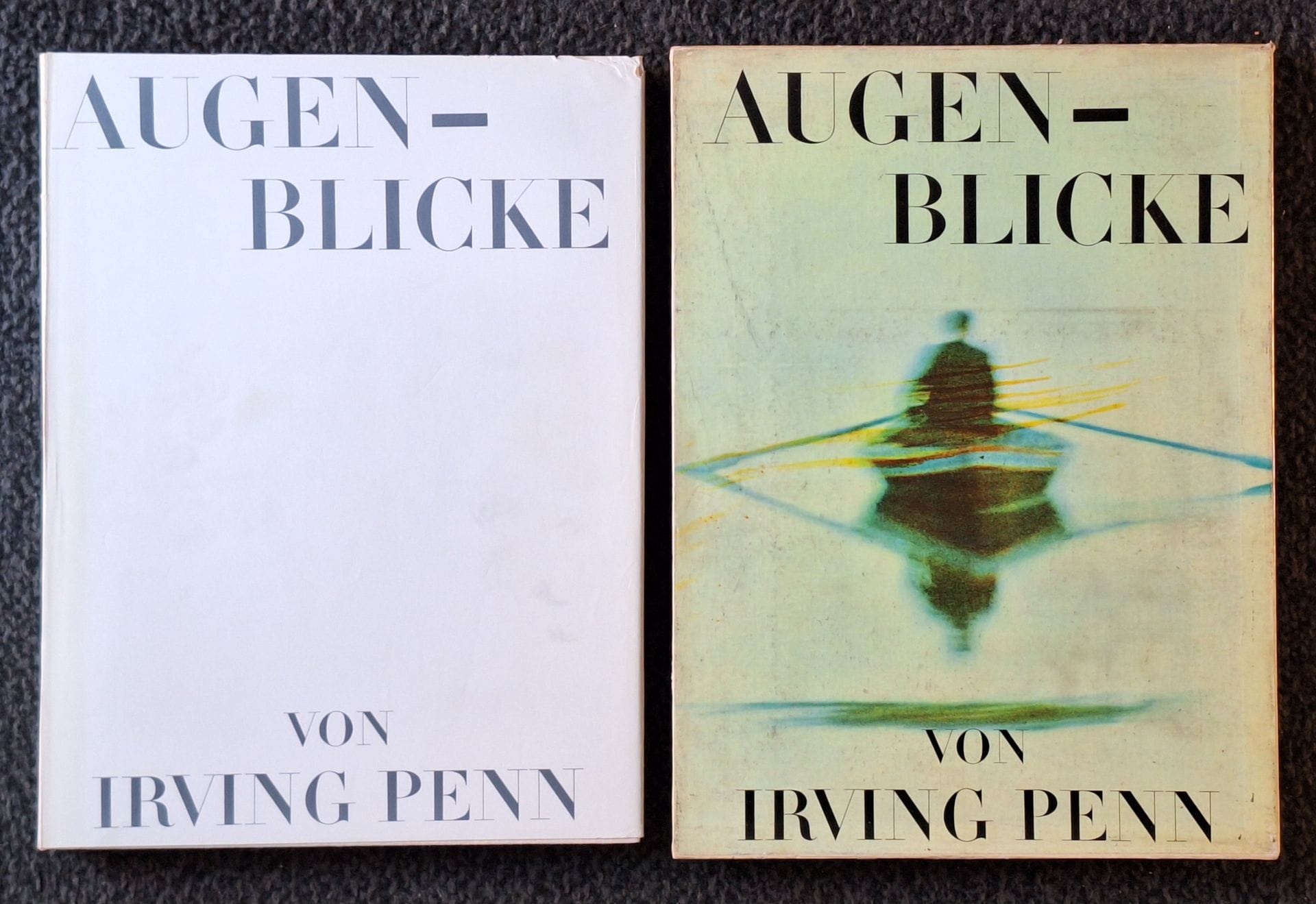 PENN, IRVING (1917-2009)
Augenblicke.
C.J.Bucher AG, Luzern, 1960.
In-4 (35 x 26 cm). Original German edition. Introduction by Alexander Liberman. 184 pp. Cloth binding with titled dust jacket and illustrated slipcase. Case soiled; spine of dust jacket slightly worn; dust jacket covers and interior of book perfect.