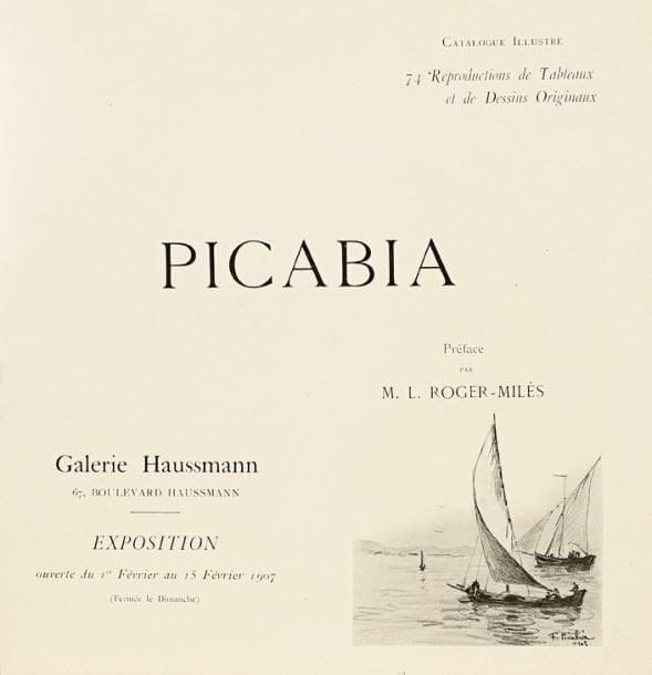 Exposition F. Picabia 1907. Paris, Galerie Haussmann, 1er-15 février 1907. In-4, broché. Rare catalogue de la deuxième exposition parisienne de Picabia, illustré de 72 reproductions de tableaux et dessins. Préface de L. Roger-Milès. 76 numéros. Couverture désolidarisée et un peu salie, déchirures au dos.