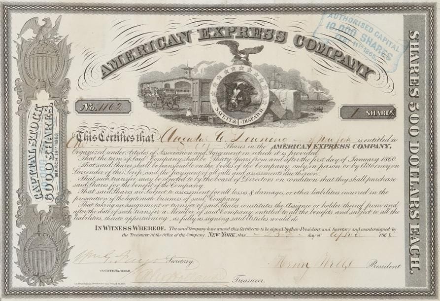 Henry WELLS (1805-1878) & William G. FARGO (1818-1881)
P.S., contresignée par Alexander HOLLAND, signatures originales sur une action de l'AMERICAN EXPRESS COMPANY, 1864 ; 21,2 x 30,6 cm.    L'American Express fut créée pour transporter des fonds d'un point à l'autre des U.S.A. alors qu'aucune infrastructure publique ou privée n'existait. En effet, lorsqu'Henry Wells effectue, en 1841, son premier transfert de fonds entre Albany et Buffalo, il emprunte le cheval, le train puis la diligence. Cela dura plusieurs années, jusqu'à ce qu'il convainque William Fargo, qui possédait une affaire de poste privée, de créer, ensemble, l'American Express. Pendant plus de cent ans, l'American Express sera la première société de transfert de fonds et de transports de marchandise internationaux du monde, sous la devise : Safety & Dispatch.  Cette action de 500 $, signée par Henry Wells comme Président, William G. Fargo comme Secrétaire, et Alexander Holland comme Trésorier, est numérotée 1162, et délivrée pour une part à Augustus C. Downing de New York le 23 avril 1864.