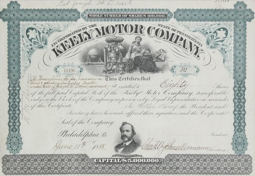 KEELY MOTOR COMPANY
action, Philadelphia 1888 ; 22,5 x 32 cm.    En 1872, John Ernst Worrell Keely (1837-1898), un ingénieur américain,prétend avoir découvert comment utiliser les propriétés vibratoires de l'air pour vaporiser l'eau. Il organise des expériences publiques où on peut voir un seul verre d'eau alimenter une machine qui fait tourner un moteur pendant des heures. La perspective qu'elle puisse remplacer les énormes machines à vapeur de l'époque enflamme les imaginations. Il va réussir à faire financer ses travaux par des investisseurs pendant 25 ans sans jamais faire fonctionner un seul moteur en dehors de son laboratoire. Si les premiers se lassent rapidement, il en trouve toujours de nouveaux, comme le montre cette émission pour lever 5 millions de dollars qui date de 1888. À sa mort,on découvrit la supercherie, à savoir un énorme réservoir d'air comprimé au sous-sol du laboratoire qui fournissait la puissance pour faire tourner le moteur. Action de 80 parts (numérotée 11196), illustrée du portrait de Keely et de son invention.