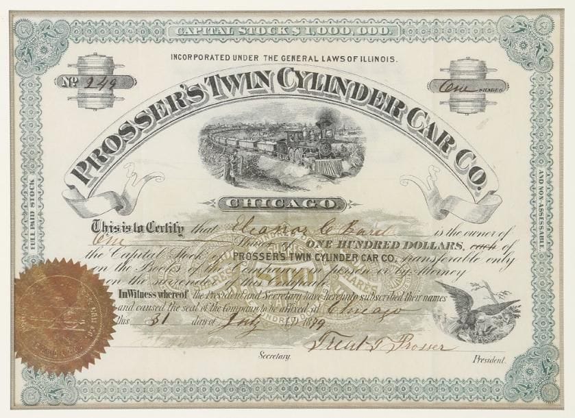 PROSSER'S TWIN CYLINDER CAR CO
action, Chicago 1879 ; 20,5 x 28 cm.    Au lieu de transporter les céréales dans des citernes posées, en long, sur des wagons, Treat Prosser imagine deux citernes, en travers, accouplées, chacune avec son propre système d'axe et de roues, celles-ci reposant directement sur la voie. Les avantages sont innombrables : moins cher à construire, plus léger, dure plus longtemps, abime moins les voies, diminue le poids sur les axes, moins d'entretien, plus de stabilité car plus bas que la citerne sur le wagon, économie d'énergie pour sa traction, plus facile à conduire, moins d'accident, aération du grain qui évite l'effet de l'humidité et diminue les pertes. Malgré des essais dont les utilisateurs étaient très satisfaits, les sociétés de matériels ferroviaires ne suivirent pas. Action avec la signature originale de Prosser, pour une part de 100 $ ; l'invention est très bien illustrée, en vignette gravée, ainsi qu'en relief sur un sceau doré.