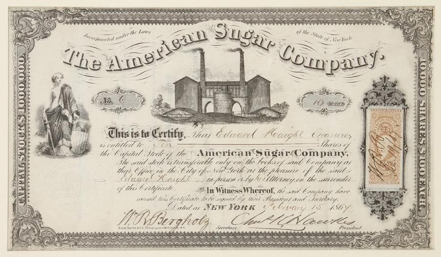 The AMERICAN SUGAR COMPANY
action, New York 1867 ; 15,5 x 27 cm.    À l'entrée de New York, non loin du Williamsburg Bridge, se dresse l'usine Domino, arrêtée depuis plus de dix ans. Son gigantesque néon jaune fait partie du paysage new yorkais. L'ancêtre de cette raffinerie est sans doute l'usine qui figure sur cette action. En effet, New York devint le plus grand centre de raffinage de sucre des États-Unis juste après la guerre de Sécession, et The American Sugar Company la société dominante. Après que le trust qu'elle avait constitué fût interdit par la loi, elle prit le nom de Domino en 1900.  Action pour 10 parts de 100 $ au nom d'Edward Haight, Treasurer, qui pourrait être le pasteur-trésorier de l'église protestante épiscopalienne de New York à cette date. Elle est ornée d'un beau dessin de la raffinerie.