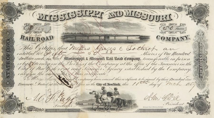 MISSISSIPI AND MISSOURI RAILROAD COMPANY
action, New York 1857 ; 15,5 x 27,5 cm.    Le chemin de fer, prévu par la compagnie, doit emprunter le premier pont sur le Mississipi qui est en cours de construction. Le Government Bridge ouvre en 1856 et, 15 jours après l'inauguration, un steam-boat s'écrase sur un des piliers. Les compagnies de navigation, qui s'étaient toujours opposées au pont, demandent sa destruction devant la justice. La Mississipi and Missouri confiera sa défense à Abraham Lincoln, alors avocat, et pas encore Président des États-Unis.Action pour 50 parts de 100 $, avec signature originale (poinçonnée) de John Adams Dix (1798-1879), qui sera général pendant la Guerre de Sécession, puis ambassadeur à Paris. Très belle vue du pont qui traverse le Mississipi, et vignette représentant des Indiens à cheval regardant passer le train.