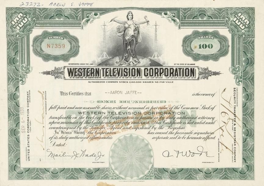 WESTERN TELEVISION CORPORATION
action, 1933 ; 18,8 x 26,8 cm.    À 15ans, Ulisses Armand Sanabria (1906-1969), dont le héros est Thomas Edison, décide qu'il deviendra inventeur et choisit le domaine de la télévision. Il obtient le soutien financier de W.R. Hearst, magnat de la presse en 1925, pour ses 19 ans. En 1929, la société Western Television Corporation voit le jour pour commercialiser ses inventions, à savoir installer des stations d'émission, produire le premier récepteur, la Visionette, et ouvrir la première chaîne de TV à Chicago. Action de 100 parts.