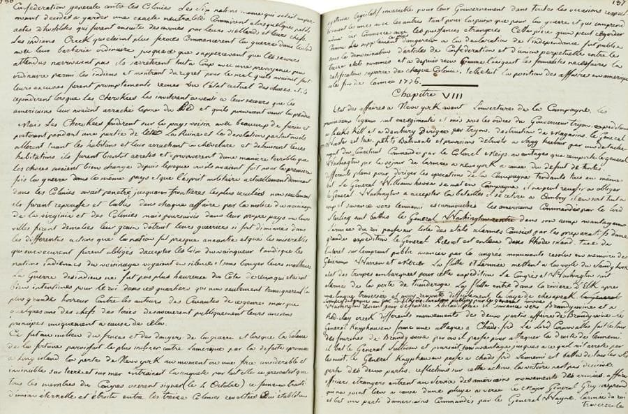AMERIQUE
guerre d'indépendance américaine. Manuscrit, Histoire de l'origine, du commencement et des progrès de la guerre en Amerique, [1782] ; un volume in-4 de 312 pages, reliure de l'époque veau moucheté, dos orné (reliure une peu usagée).    Traduction contemporaine inédite, par un marin français embarqué sur L'Auguste, de The History of the Origin, Rise and Progress of the War in America, imprimé à Londres puis à Boston en 1780. Le manuscrit, très lisible, écrit à l'origine sur des cahiers qui furent ensuite reliés, présente quelques corrections, et se compose de 11 chapitres, et d'un « volume second » de 2 chapitres, menant le lecteur des prémisses du conflit jusqu'à la « fin des evenements de 1779 ». L'étude est suivie de ces remarques du scripteur, ajoutées en 1809 : « J'étais embarqué sur l'Auguste de 80 canons lorsque pour m'exercer dans l'étude de la langue anglaise, je fis sans prétention la traduction de l'histoire de la Révolution Américaine et de la guerre qui en fut le résultat. C'était pendant le cours de cette guerre et en 1782 que j'ai employé à ce travail mes moments de loisir »... Nul doute que le marin français a traduit un auteur anglais, car voici la conclusion de l'Histoire : « Ainsi finissent heureusement pour le moment les ambitieux projets des ennemis de l'Angleterre repoussés par des forces inferieures qui permettaient tout au plus d'esperer de n'etre pas prises. Et quand on reflechit sur toutes les circonstances on verra qu'on ne fit jamais une plus perilleuse defense avec plus de constance plus de vigueur et de courage mais toutes ces difficultes furent vaincues par l'habileté du commandant en chef la fermeté des officiers et la bravoure des troupes anglaises »... Le traducteur ajoute, dans sa brève postface, que les « colonies anglaises » ont prospéré depuis la paix de 1783, et « surtout depuis la funeste Revolution française dont la commotion a bouleversé l'Europe, et n'a été utile qu'aux nouveaux Etats Unis de l'Amérique »... On joint une let