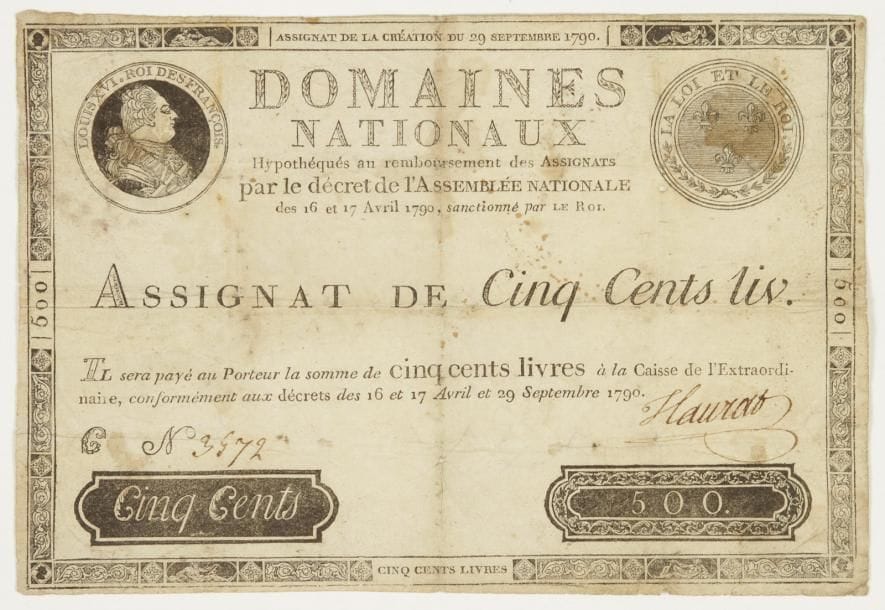 assignat. Assignat de 500 livres, signature manuscrite, [1790] ; 13,5 x 19,5 cm (un peu Sali).    Assignat de 500 livres [Lafaurie 135], de la création du 29 septembre 1790, à l'effigie de Louis XVI, roi des François et à la devise La Loi et le Roi ; il porte la signature manuscrite Haurat et le numéro manuscrit 3572.