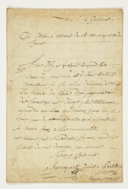 Louis BONAPARTE (1778-1846)
frère de Napoléon, Roi de Hollande. L.A.S. « Buonaparte adjoint a l'artillerie », Nice 14 germinal [3 avril 1794], au citoyen Maire de Cannes ; 1 page et demie in-fol. (bords renforcés).    Très rare lettre de ses débuts militaires, alors qu'il était adjoint de Napoléon. Il renvoie une voiture en priant d'en prévenir le propriétaire : « je fus obligé d'emmener à Nice la charrete du Citoien Drée Pegomas avec des chevaux qui ne y durent plus retourner »... Il renvoie aussi un « passe-partout appartenant à votre cousin le Citoïen Honnoré Gras que mon domestique avoit emporté par oubli. Le prie ce Citoën davoir la complaisance de tenir dans son écurie mon cabriolet encore pour quelques jours »...