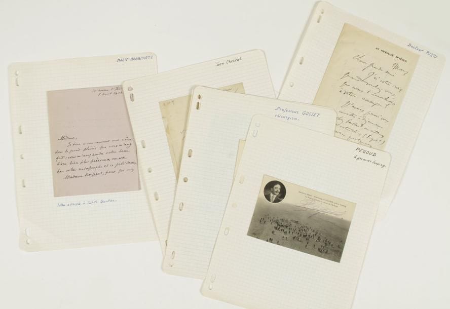 DIVERS. 7 lettres de médecins et aéronautes, la plupart L.A.S.    Marie Bonaparte (à Judith Gautier), Jean Charcot, Antonin Gosset (diagnostic), Henri Lachambre (en-tête avec vignette au ballon, 1896), Adolphe Pégoud (carte postale signée de son atterrissage après looping), Samuel Pozzi (à Judith Gautier), Paul Reclus.