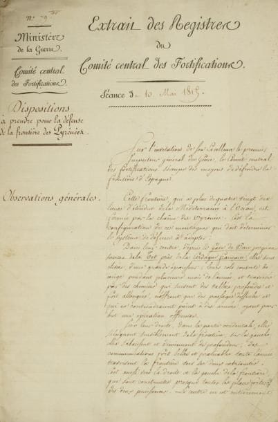 Édouard Brandoin de Ballaguier
marquis de Beaufort d'hautpoul (1782-1831) lieutenant-colonel du génie. P.S. comme Major du Génie, secrétaire du Comité de Défense, signée aussi par le comte Dejean, premier inspecteur général du génie, 10 mai 1815 ; 21 pages in-fol., en-tête Comité central des Fortifications.    Recommandations du Comité central pour la défense de la frontière des Pyrénées : observations sur les voies de communications et les effectifs disponibles, prévision d'éventuelles opérations militaires...