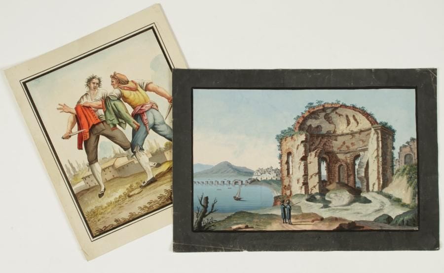 ITALIE
Gouache et aquarelle ; 23,5 x 34 cm et 26,5 x 22 cm.    Gouache napolitaine : Avanzi del Tempio di Diana a Baja. Aquarelle représentant une lutte au couteau entre deux hommes. Ces deux dessins ont été rapportés d'Italie par Louis-Benjamin Fleuriau de Bellevue (voir n° 327).