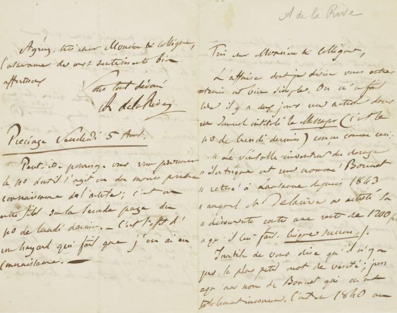 Auguste de LA RIVE (1801-1873)
physicien et homme politique genevois. L.A.S., Presinge 5 août [1848], à un collègue ; 4 pages in-8.    Le Messager de lundi affirme que le « véritable inventeur du dosage électrique est un nommet Bonnet retiré à Lausanne depuis 1843, auquel Mr Delarive a acheté sa découverte contre une rente de 1200 frs [...] Inutile de vous dire qu'il n'y a pas le plus petit mot de vérité ; jusqu'au nom de Bonnet qui m'est totalement inconnu. C'est en 1840 au mois de février que je publiai ma découverte dans un mémoire purement scientifique, laissant aux autres le soin d'en faire l'application industrielle dont je ne voulus pas me mêler »... Il est décidé à poursuivre le journal pour cette calomnie « nettement articulée »...
