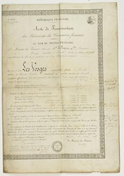 marine. P.S. par Léon Say, ministre des Finances, Paris 12 avril 1878 ; 4 pages grand in-fol. sur vélin, en partie impr.    Acte de francisation du vapeur à hélice Les Vosges, appartenant à MM. N. Paquet et Cie, armateurs français domiciliés à Marseille, avec description du navire construit à Dumbarton en 1873.