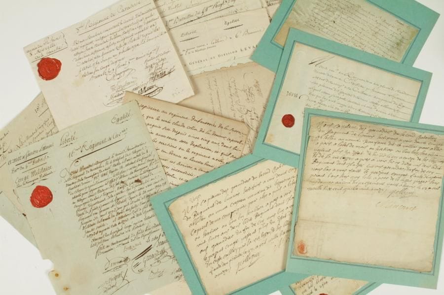 militaires. Plus de 30 lettres ou pièces, la plupart P.S. ou L.S., concernant l'Allemagne, 1667-1836.    Certificats ou quittances d'officiers des régiments de Rosen, de Languedoc-infanterie, Villeroy-infanterie, Lyonnais-infanterie, la Sarre-infanterie... Certificats de service et de congé, proposition de nomination de lieutenant de l'Armée de Sambre-et-Meuse, l'Armée du Nord, l'Armée de Mayence, l'Armée du Bas-Rhin, l'Armée du Rhin-et-Moselle et l'Armée d'Allemagne... P.S. ou L.S. par les généraux Haquin, Leval, de Sainte-Suzanne, Schérer... Décrets de la Convention nationale relatifs aux sièges de Mayence et de Landau, aux déserteurs allemands, aux vaisseaux allemands, à l'intégration des villes de Mayence, Worms, etc. dans la République française, à la détention de Beurnonville dans l'armée du prince de Cobourg...