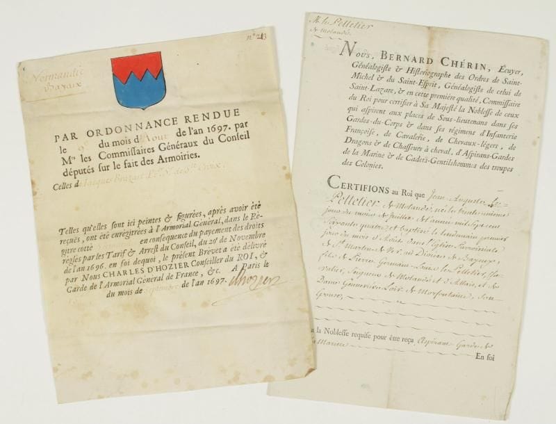 noblesse. 2 P.S., Paris 1697 et 1782 ; vélin in-fol. en partie impr. et 1 page et demie in-fol.    Charles d'Hozier, conseiller du Roi, garde de l'Armorial général de France : brevet avec armoiries peintes, attestant l'enregistrement dans le registre coté Normandie de celles de Jacques Brazart, écuyer seigneur de Sainte-Croix... Bernard Chérin, généalogiste et historiographe des ordres du Roi : certificat attestant que Jean-Auguste Le Pelletier de Molandé a la noblesse requise pour être reçu aspirant-garde de la Marine...
