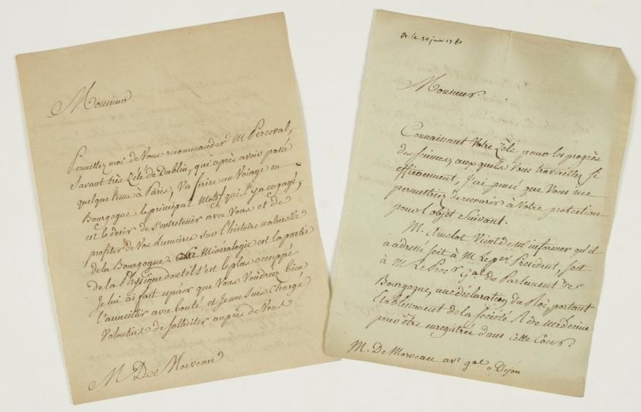Félix VICQ D'AZYR (1748-1794)
médecin. 2 L.S., 1780-1781, à Louis-Bernard Guyton-Morveau, avocat général à Dijon ; 2 pages in-4 chaque.    14 juin 1780. Il le prie de faire enregistrer, par la cour du Parlement de Bourgogne, la Société royale de médecine dont une déclaration du Roi vient d'annoncer la création... 12 mai 1781, il recommande M. Perceval, « savant très zélé de Dublin » qui se rend en Bourgogne avec le désir de « profiter de vos lumieres sur l'histoire naturelle de la Bourgogne. La minéralogie est la partie de la physique dont il s'est le plus occuppé »...