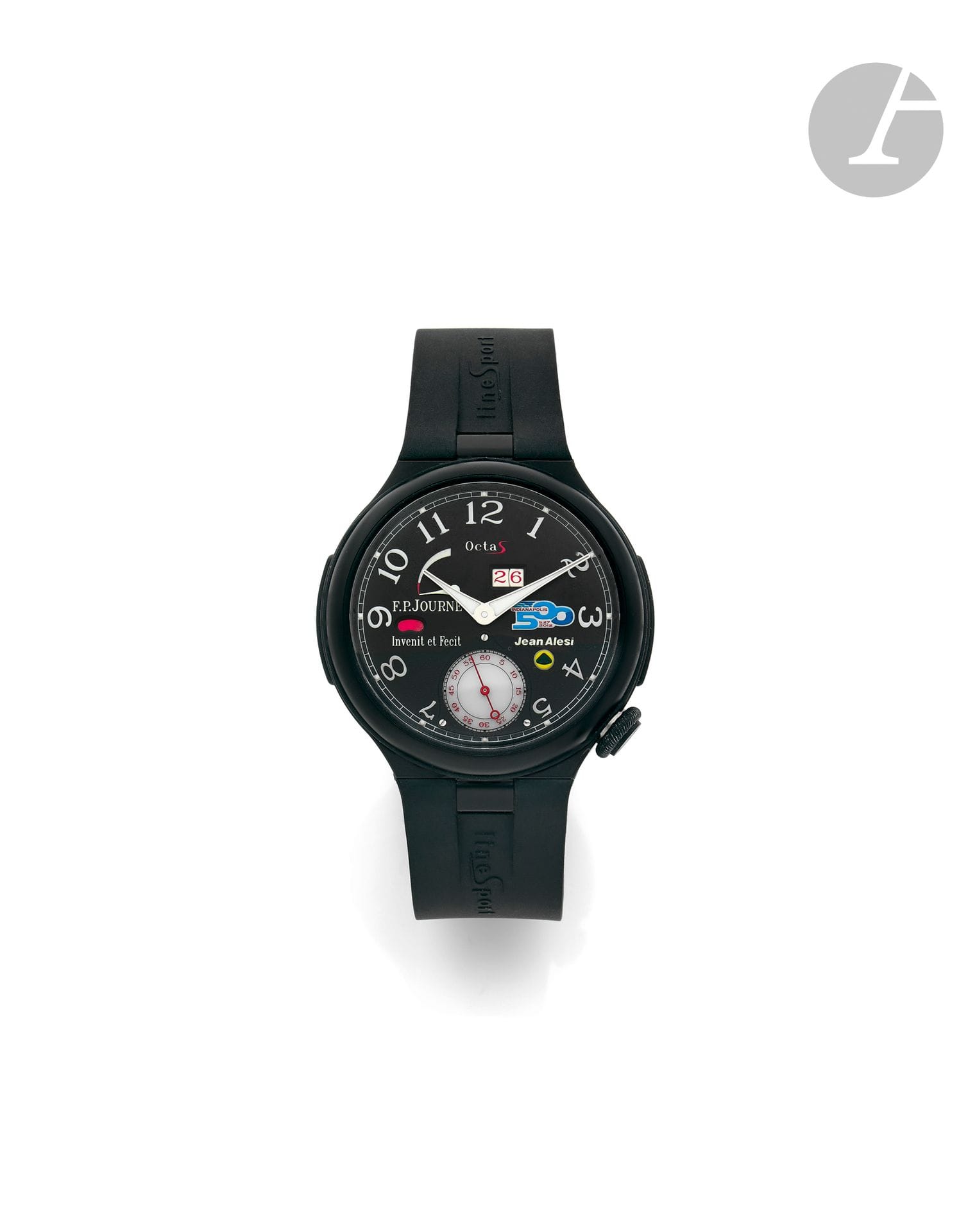 F.P. JOURNE
OCTA SPORT INDY 500 JEAN ALESI
SÉRIE LIMITÉE À 99 EX.
PRODUITE ET VENDUE EN 2012
Montre bracelet sportive et ultra-légère en aluminium sur caoutchouc.
Boîtier: aluminium noirci traité anti-rayures, amortisseurs en caoutchouc noir, couronne titane noirci et caoutchouc noir.
Cadran: noir en aluminium, index chiffres arabes et aiguilles superluminova, points lumineux, grande date, cadran auxiliaire pour la petite seconde (cadran dans un cerclage en aluminium vissé), indication jour/nuit, réserve de marche  de 120 heures (5 jours). Logos Indy 500, Lotus et Jean Alesi.
Mouvement: automatique en alliage d’aluminium, à remontage automatique unidirectionnel, cal. 1300.3, rotor en titane avec segment en tungstène, 40 rubis.
Bracelet: caoutchouc noir, boucle déployante en aluminium noirci, signés.
Cadran, boîtier et mouvement signés. 
Numérotée 522-ARS
Diam.: 42mm 
Poids: 53g
Avec: écrin, surboîte, certificat, carte de garantie, facture d’achat (Montres Journe Paris, rue du Fbg St Honoré) et mode d’emploi. 
 Ce modèle Octa de la ligne Sport, produit entre 2012 et 2013, en série limitée à 99 pièces (numérotées de 501 à 599) est associé à la course automobile et commémore le partenariat de F.P. Journe avec Jean Alési pour la célèbre course des 500 miles d’Indianapolis. D’une extrême légèreté (53g), elle utilise l’aluminium pour le boîtier, le mouvement et la boucle, matériau ultra-léger et résistant, il a été en plus traité spécifiquement pour être inrayable et anti-corrosif. Associée à des amortisseurs en caoutchouc, la montre est parfaitement protégée des chocs.