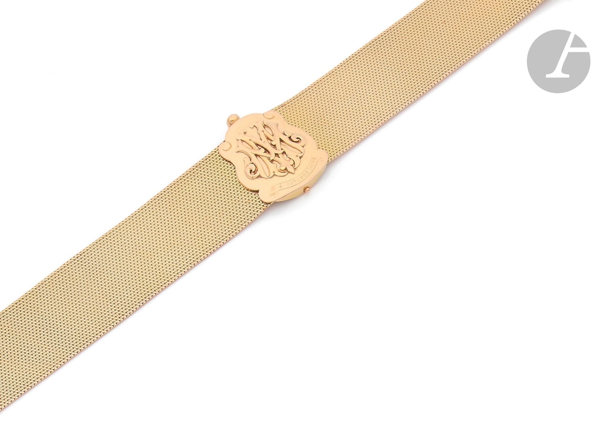 Large ribbon bracelet in 18K (750) gold, decorated with a numbered motif and dated "October 4, 1884". French work of the 19th century. Dimensions: approx. 18x2cm. Weight: 40.1g (2 small welds)
A 19th century french bracelet