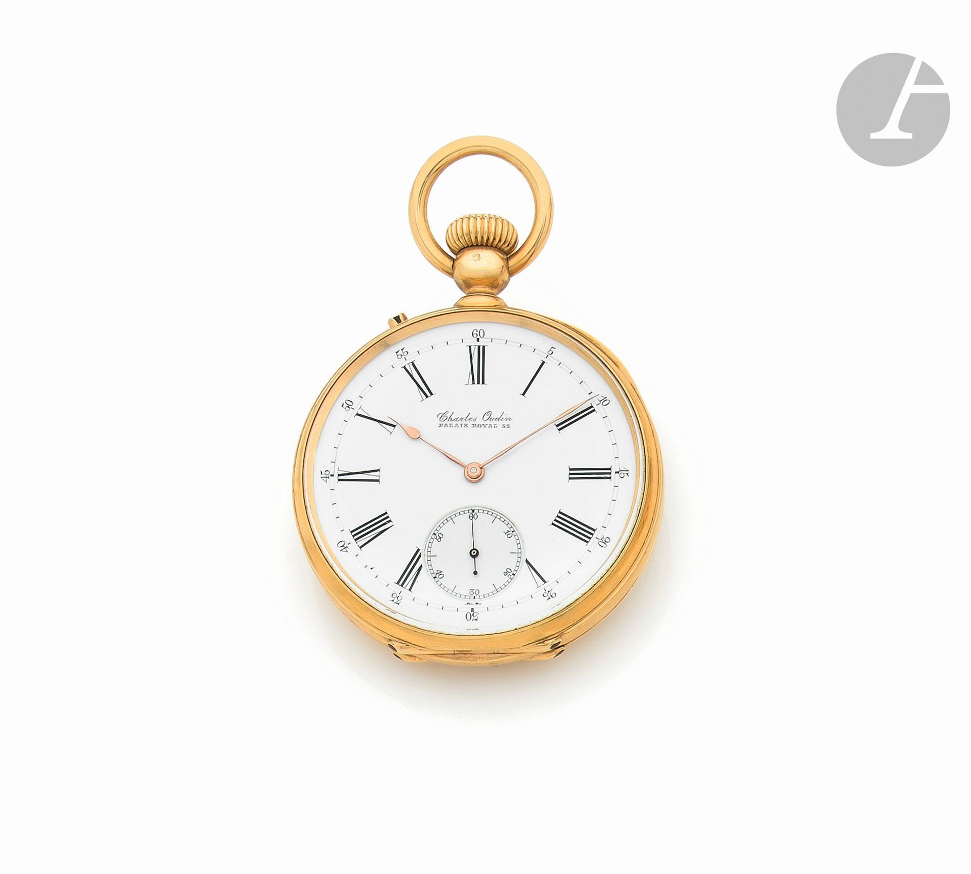 CHARLES OUDIN
CIRCA 1880
Montre de poche en or jaune 18K (750), travail français (tête de cheval: 1838-1919).
Boîtier: revers monogrammé, cuvette en or jaune gravée:«Horloger de la Marine, N°26618, Charles Oudin, breveté, Palais-Royal 52, Paris, Médailles aux expositions depuis 1806».
Cadran: émail blanc, index chiffres romains pour les heures, arabes pour les minutes, chemin de fer, petite seconde, aiguilles poire, signé Charles Oudin, Palais Royal 52.
Mouvement: mécanique, échappement à ancre, balancier bimétallique compensé, spiral hélicoÏdal en acier bleui, rochet et roue de couronne ‘dents de loup’, signé Charles Oudin, Palais Royal 52.
Cadran, cuvette et mouvement signés. 
Numérotée 26618.
Diam.: 49mm 
Poids brut: 103,68g