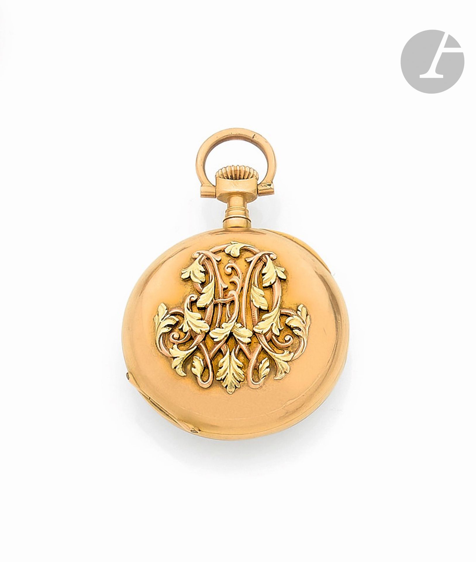 LEROY &amp; FILS
Pink gold 18K (750) collar watch, Sphinx hallmark (1819-1838).
Case: domed reverse, applied with a monogram in relief, gold bowl engraved: "N°149,127, Leroy &amp; Fils, Horlogers du Roi, 114, 115, 116 Galerie de Valois, Palais Royal, Paris".
Dial: white enamel, black Roman numeral hour markers and red Arabic minute markers.
Movement: mechanical, moustache lever escapement, bimetallic compensated balance wheel, blued steel Breguet balance spring. 
Case signed.
Diameter: 30mm 
Gross weight: 26.34g 
(To be overhauled, glass to be refastened)